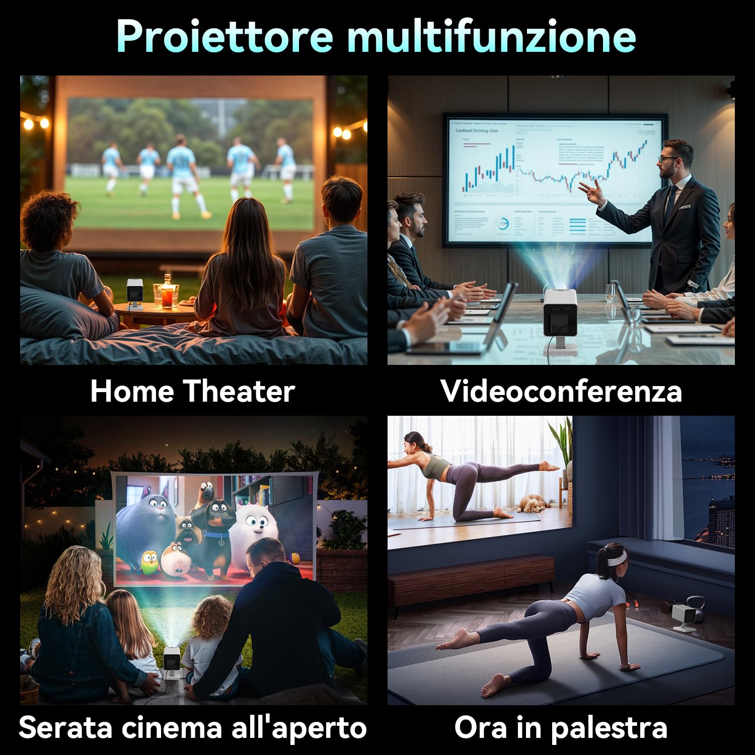 Projecteur 4K Android 11 Portable 5G WiFi BT 5.4 Full HD 1080P 120 Pouces Correction Trapézoïdale HDMI USB Blanc