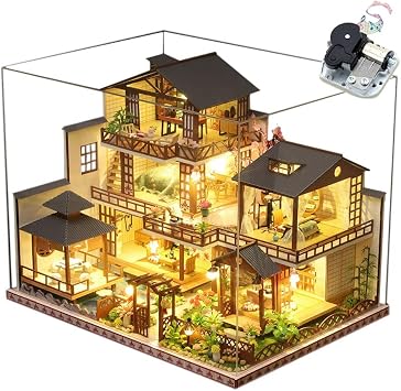 Wooden Japanese-Style Large Villa Dollhouse Kit Sakura Garden Building Model DIY Art House Romantic Birthday Gift with Dust Cover