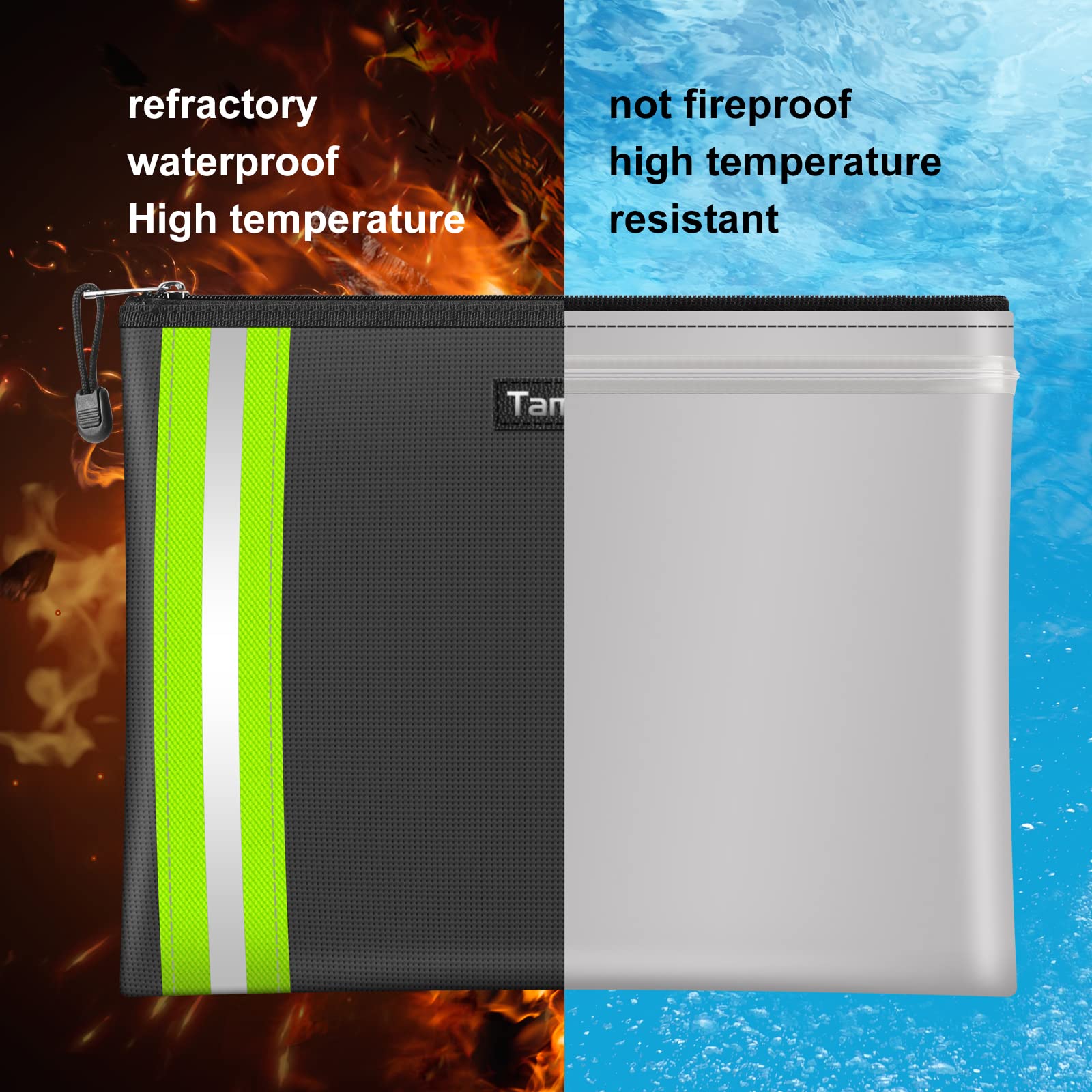Tamfile Fireproof & Waterproof Document Bag With Reflective Strip - Portable Organizer For Cash, Passports, Important Papers