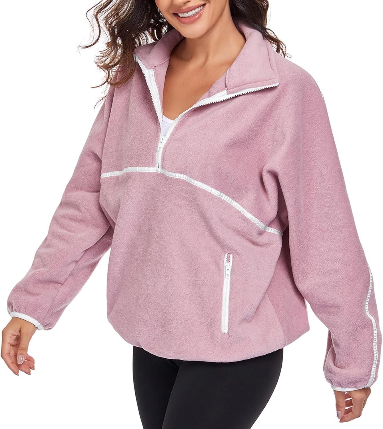 Women's Half Zip Fuzzy Fleece Pullover Oversized Sherpa Sweatshirt Long Sleeve Soft Sweater Jackets with Pockets - Image 3