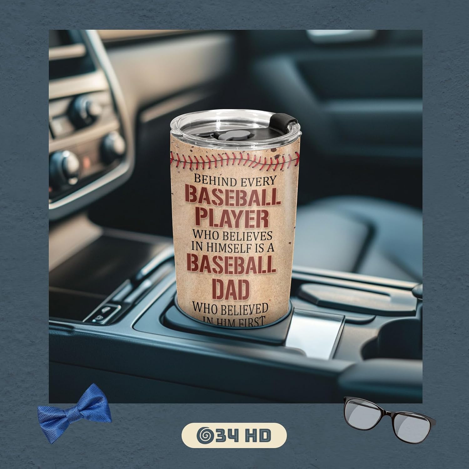 34HD Baseball Dad Tumbler with Lid 20oz Stainless Steel, Behind Every Player Travel Coffee Cup for Father's Day Gift - Birthday Present to Daddy, Him, Grandpa & Husband - Image 8