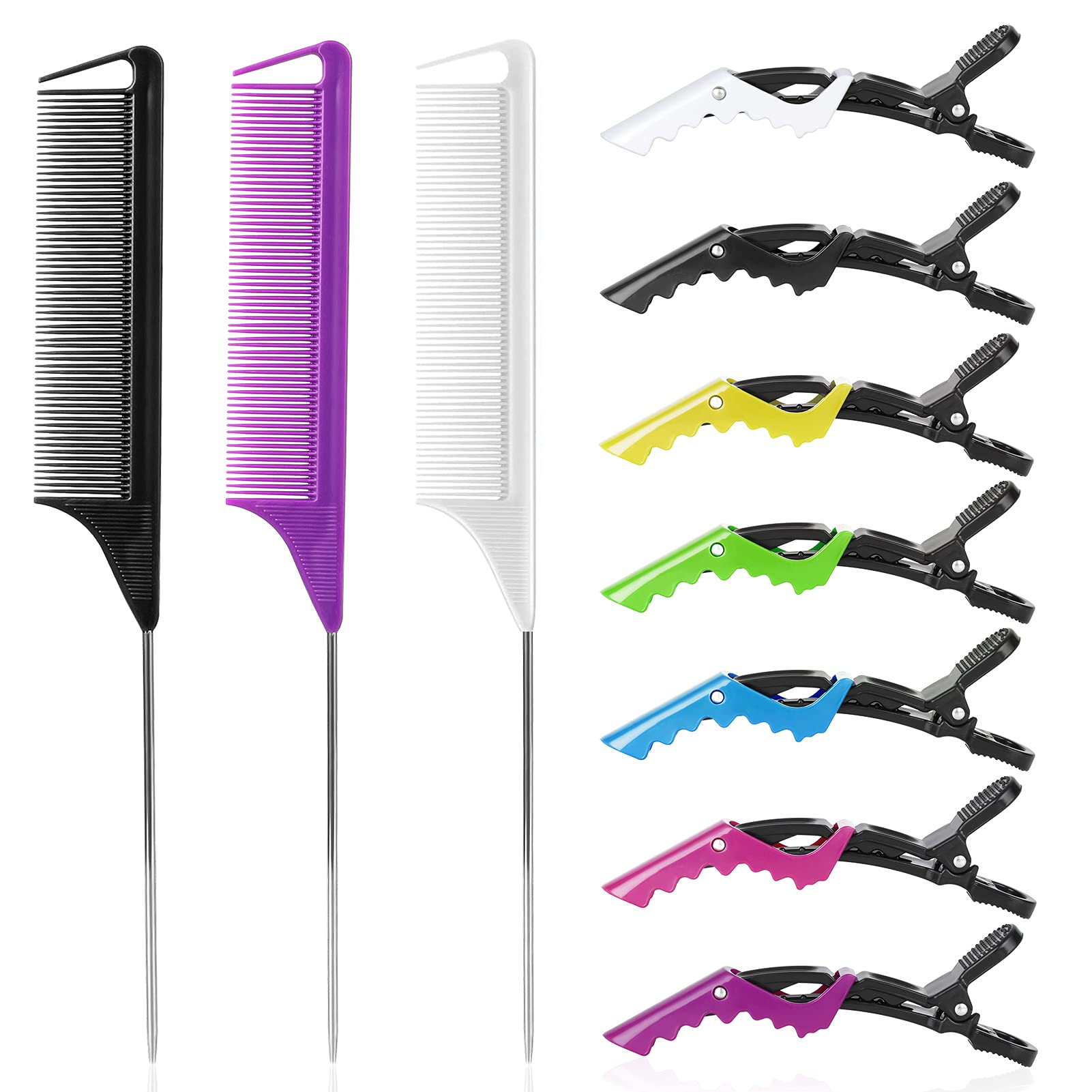 Rat Tail Teasing Comb Set with Styling Clips - 3 Steel Pin Combs, 7 Sectioning Clips for Braiding, Parting, and Salon Styling