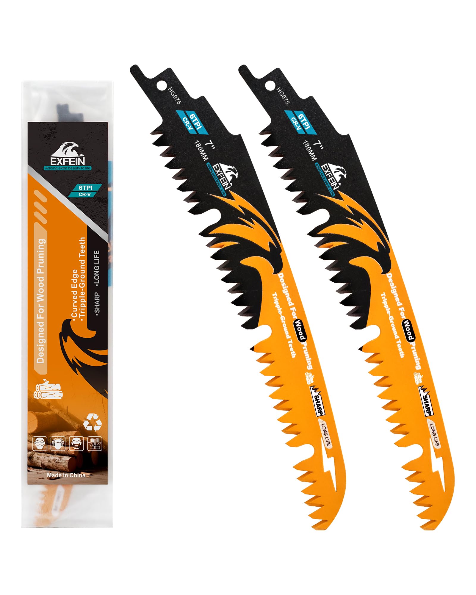 EXFEIN Japanese Teeth Reciprocating Saw Blades 180mm, Arc Edge Wood Pruning Saw Blades 6TPI for Tree Trimming, Wood Cutting, 2 Pieces