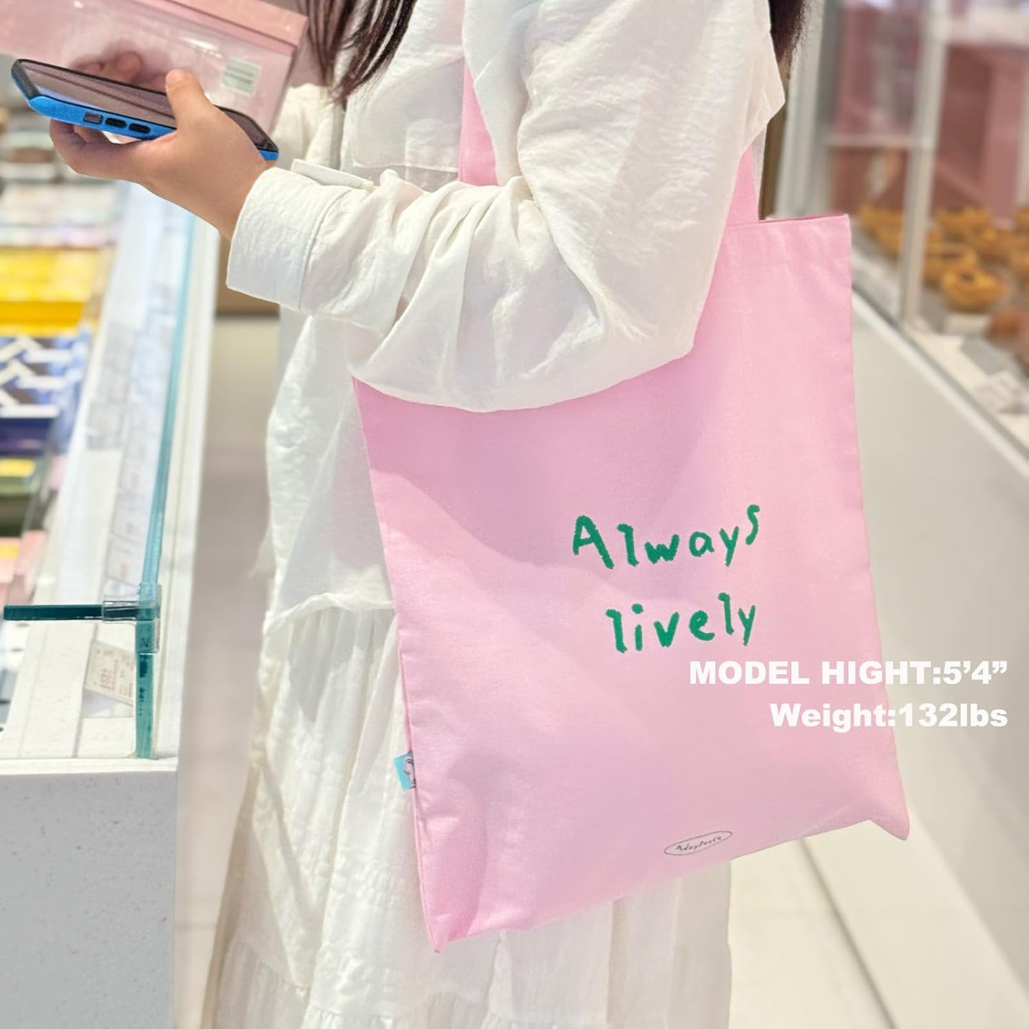 Pink Canvas Tote Bag 16"x14", 100% Cotton Reusable Grocery Bag with Inner Safety Pockets & Long Handles, Large Capacity lovely Women's Beach Shoulder Bag, Pink Canvas Bag for Summer Shopping Travel | 100% cotton bag, pink tote bag, Safety Pocket, Long Handles - Image 4