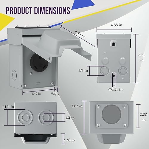 Miniatura 9 de ENERLITES Caja de toma de corriente de 50 amperios 125250 V, cerrada, con cerradura, resistente a la intemperie, NEMA 14-50R, panel de receptáculo