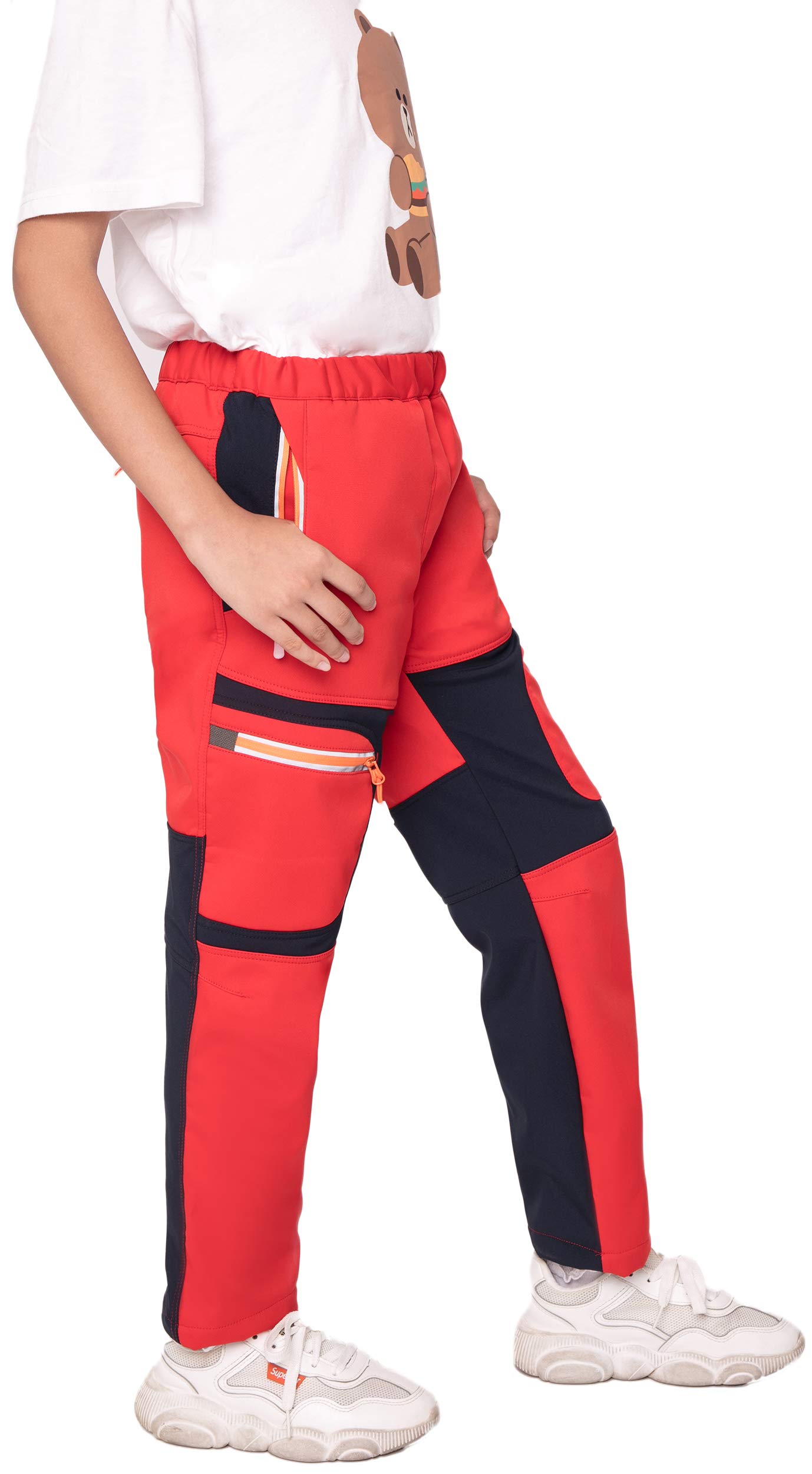 Pantalones de senderismo con forro softshell para niños, resistentes al viento, impermeables, transpirables, cálidos, para exteriores, con rayas reflectantes para niños y niñas (rojo, XL)