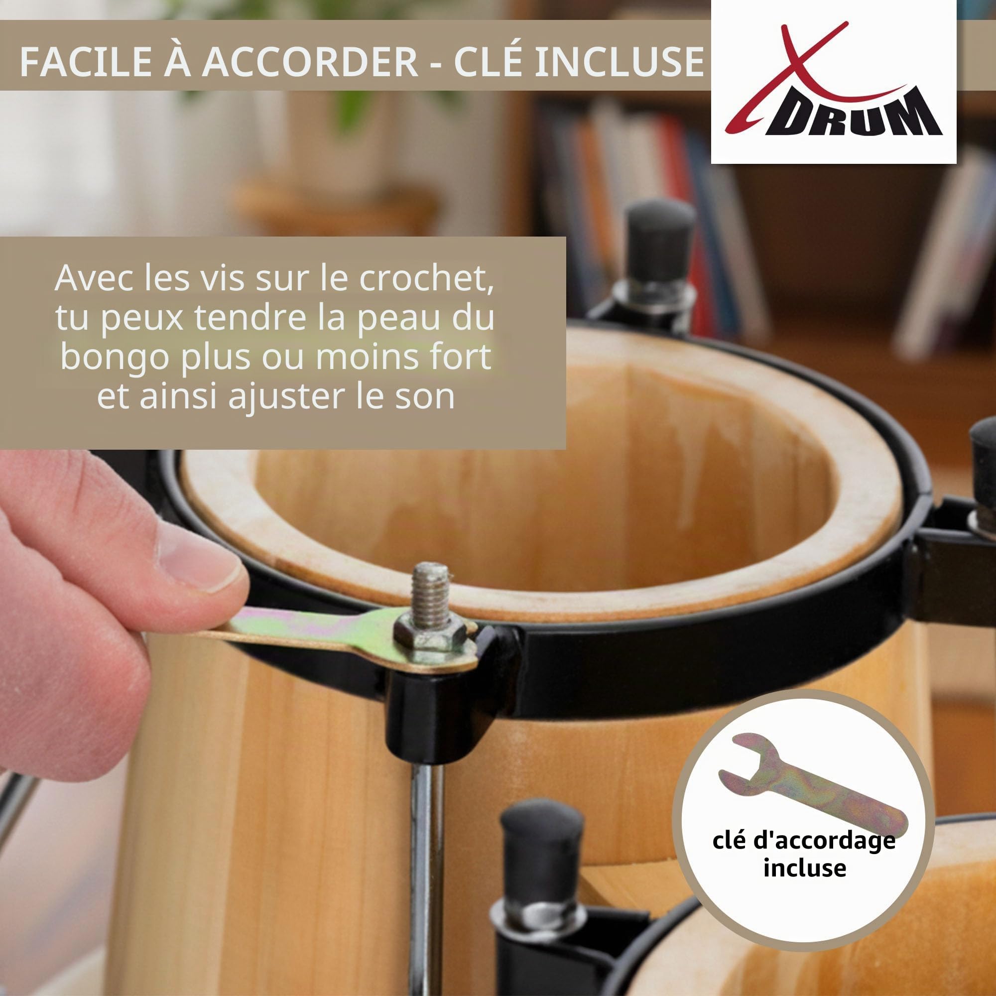 XDrum Bongos Club Nature, 2 tambours ("macho" et "hembra"), Bois: bouleau | Tailles de bongo: 6" et 7", Peaux naturelles, Quincaillerie chromée, Finition haut de gamme, Dimensions (H x L x P): 16, 5 cm