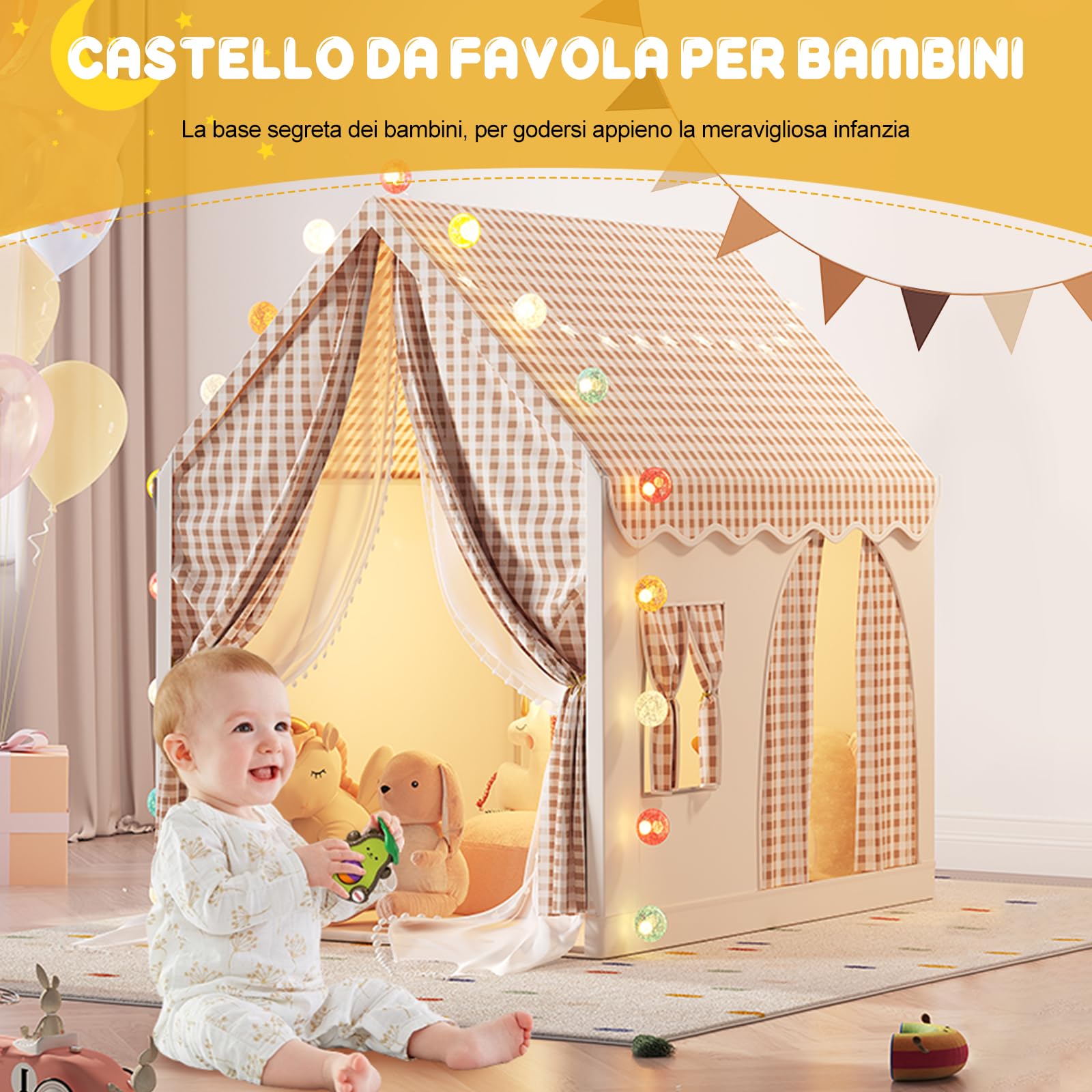 Ergocar Tenda Per Bambini Da Interno Ed Esterno Con Doppia Porta Castello Luce Colorata Bandiera Nuvola Stella Adatta a Bambini Piccoli Ragazzi e Ragazze