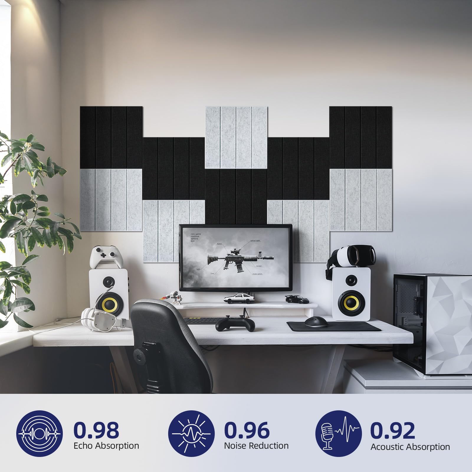 Vieshful 20 Pannelli Acustici Autoadesivi – 30x30x1 cm Pannelli Fonoassorbenti da Parete ad Alta Densità, Pannelli in Feltro per Riduzione Eco e Rumore, Decorazione per Casa e Ufficio, Nero