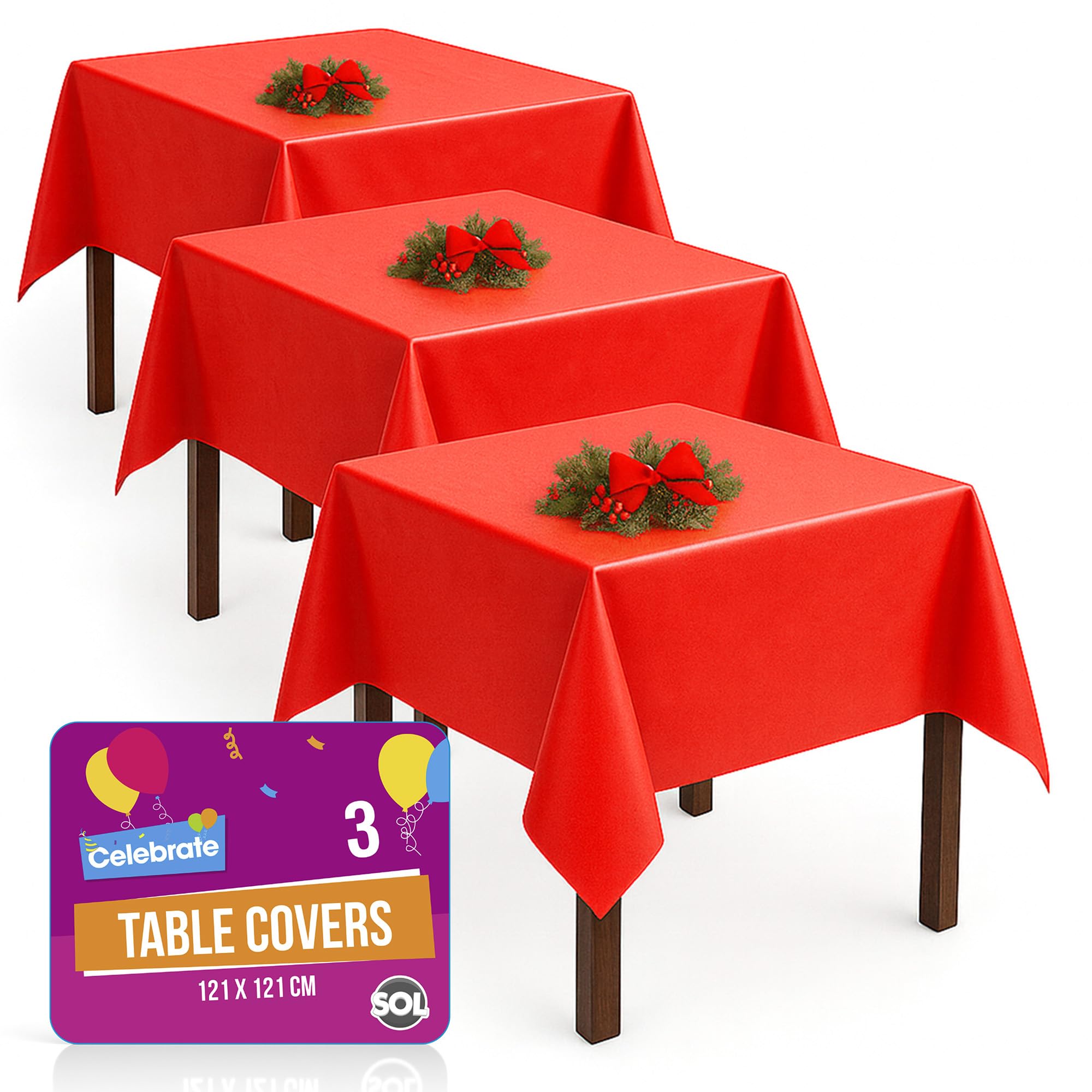 SOL 3pk Red Table Cloths Disposable 121x121cm Durable Plastic Cover For Christmas Chinese New Year Birthday Parties, Romantic Valentines, Weddings, Easter, Festive Sporting Events, Indoor or Outdoor