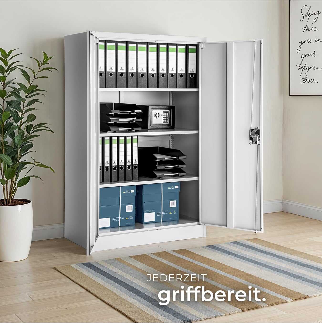 tectake® Aktenschrank abschließbar, Schrank Büro, Metallschrank zur Werkstatteinrichtung, Besenschrank, Vorratsschrank, Werkstattschrank, Spind Schrank mit 4 Fächern - grau, 140 x 90 x 40 cm