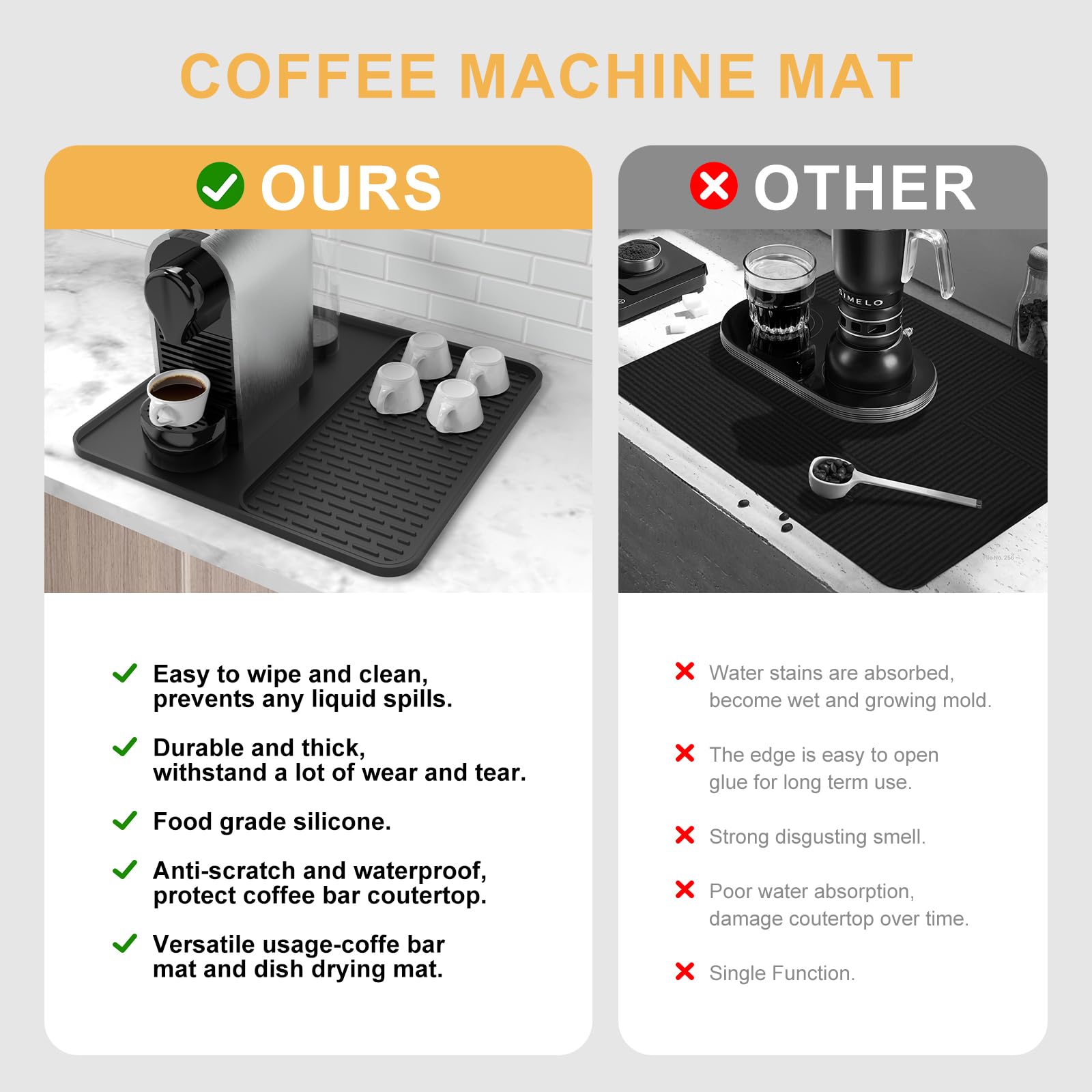 Tapete de café de silicona, tapete de barra de café de 16 x 16 pulgadas con tapete de secado de platos desmontable para encimeras de cocina, accesorios de barra de café que se ajustan debajo de la