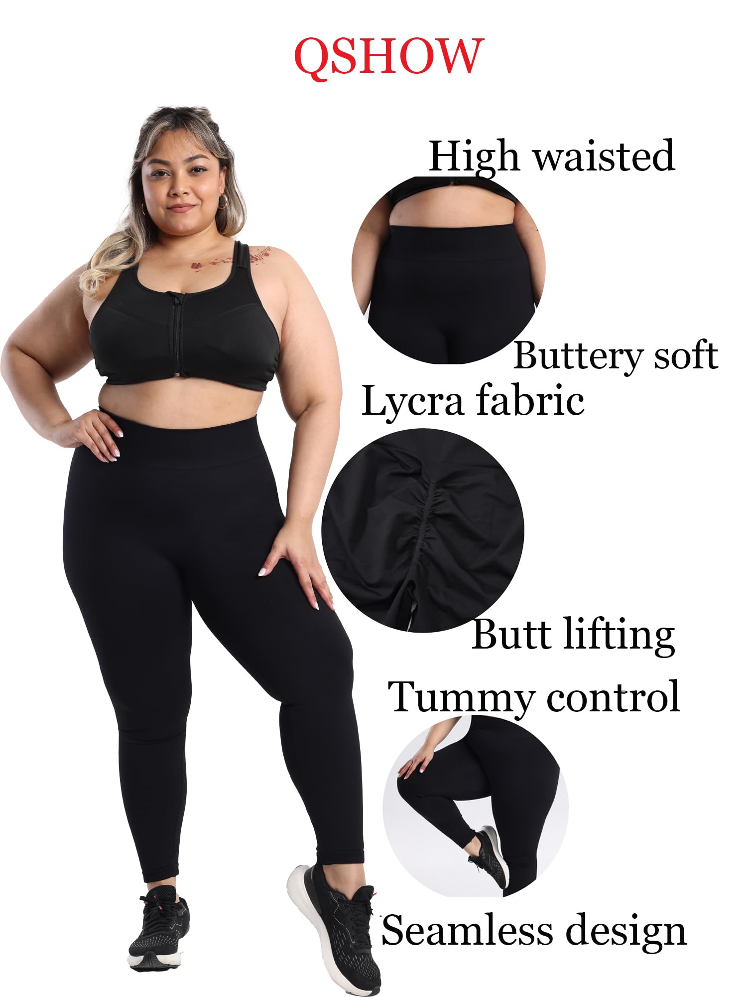 QSHOW High Waisted Buttery Soft Leggings for Women Scrunch Butt Lifting Tummy Control Compression Yoga Pants Black