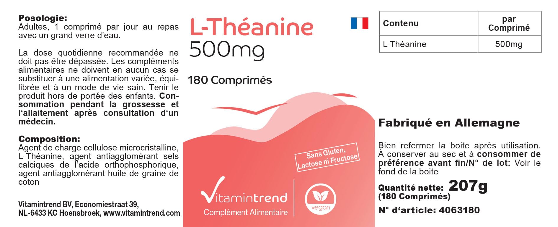 Vitamintrend L-Théanine haute dose 500 mg, 180 comprimés, acide aminé, complément alimentaire végan sans additifs, fabriqué en Allemagne