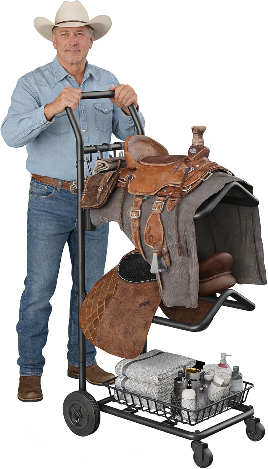 YOHKOH Saddle Rack on Wheels, Rolling Saddle Stand with Lockable Casters & Handle, 2-Tier Design for Western & English Saddles, Horse Blanket Rack with Store Basket for Tack Room Organization