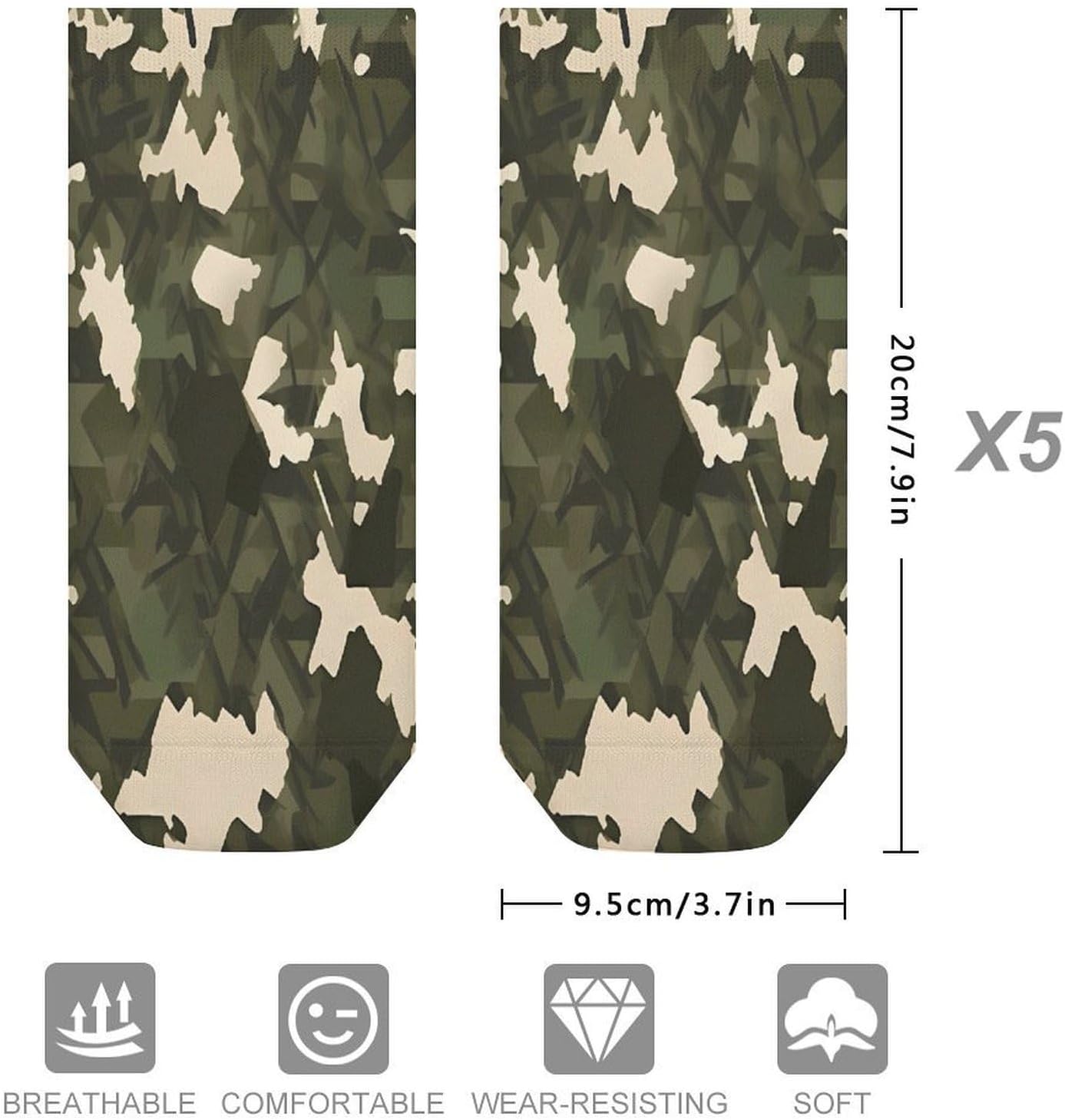Socks for Men Women 5 Pairs Short Ankle Socks | Army Camouflage Low Cut Casual Crew Sock Cute Breathable Athletic Socks Non Slip No Show Sock