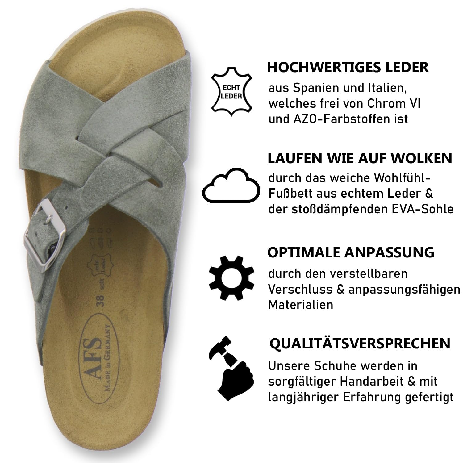 AFS-Schuhe 2141, Pantofole da donna alla moda in vera pelle, sandali estivi con grande fibbia, realizzati a mano in Germania
