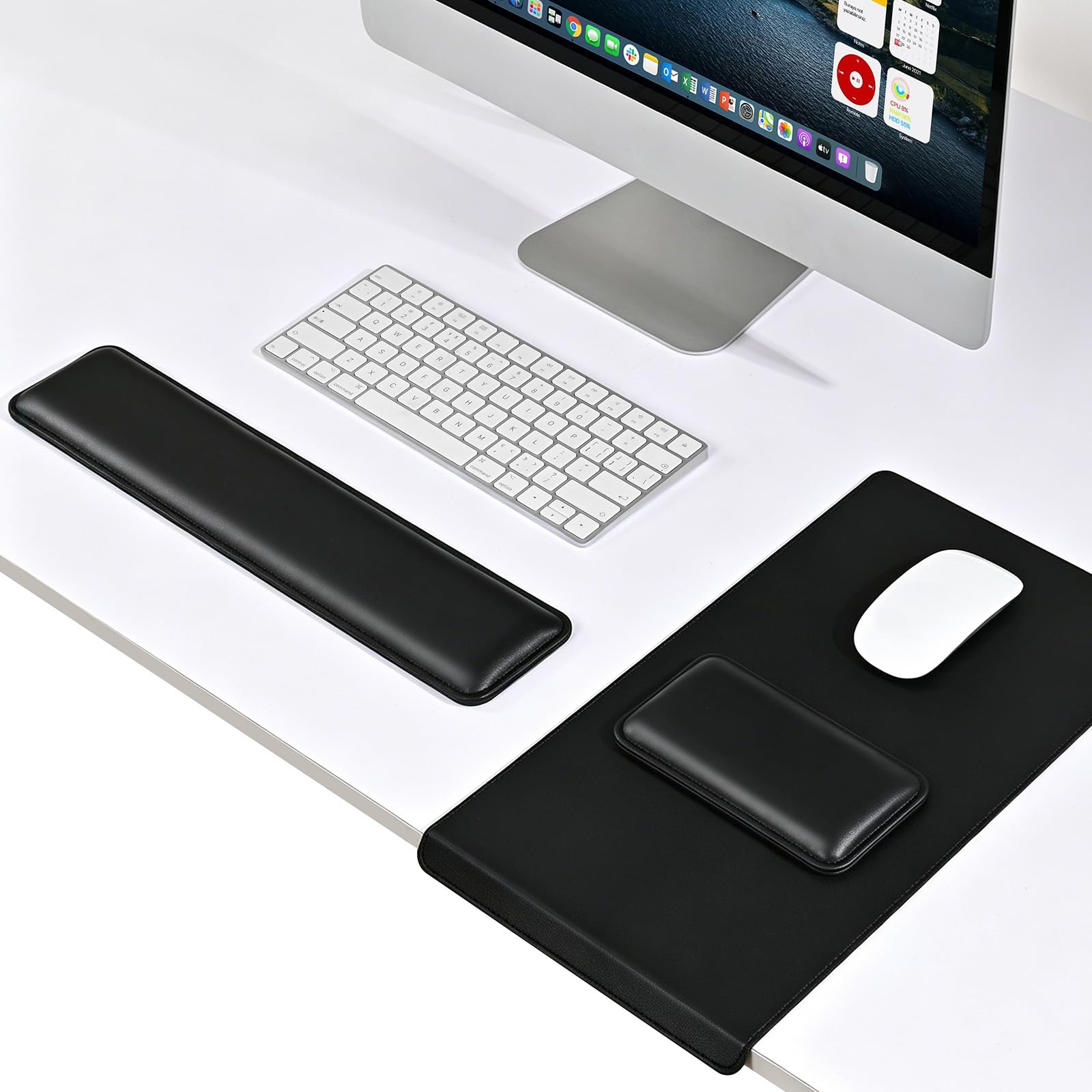 EooCoo Alfombrilla Ratón, Alfombrilla Escritorio, Reposamuñecas Teclado | Comodidad Ergonómica para Muñeca, Superficie Lisa de Cuero Premium, Set Completo de 3 Piezas, Ideal para Regalar