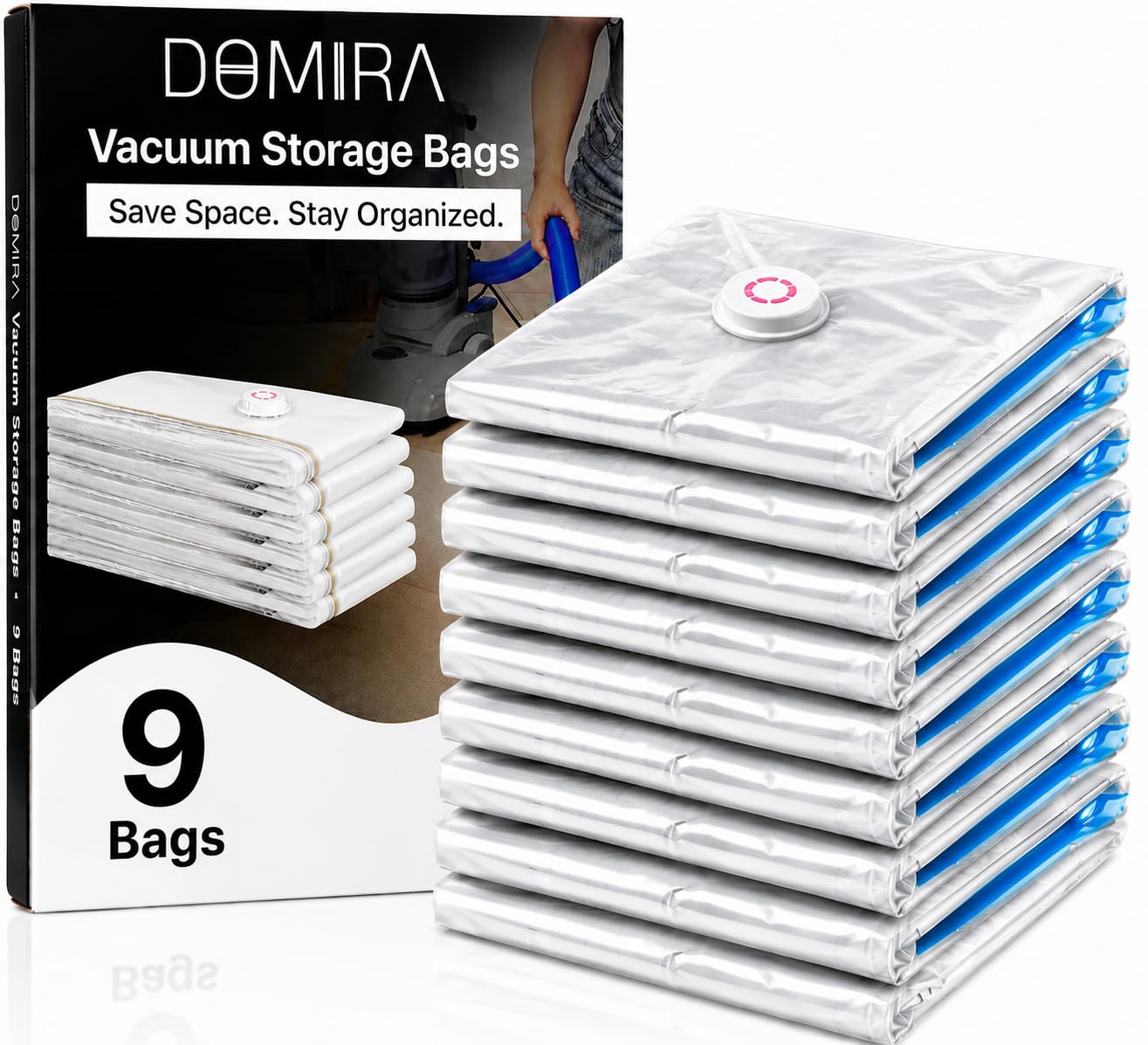 DOMIRA Vacuum Storage Bags – Space Saver Bags For Clothes, Duvets, Travel – Airtight Compression Seal – Reusable, Heavy Duty Vacuum Bags (Small, 9PK)