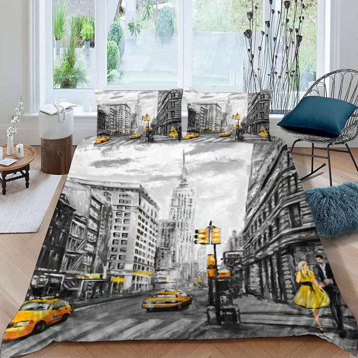 LUORU Single Duvet Cover New York 135x200 cm 3D Print Modern City View Bedding Set with Zipper Closure Ultra Soft Microfiber Kids Boys Girls Teens Comforter Quilt Cover with 2 Pillowcase 50x75
