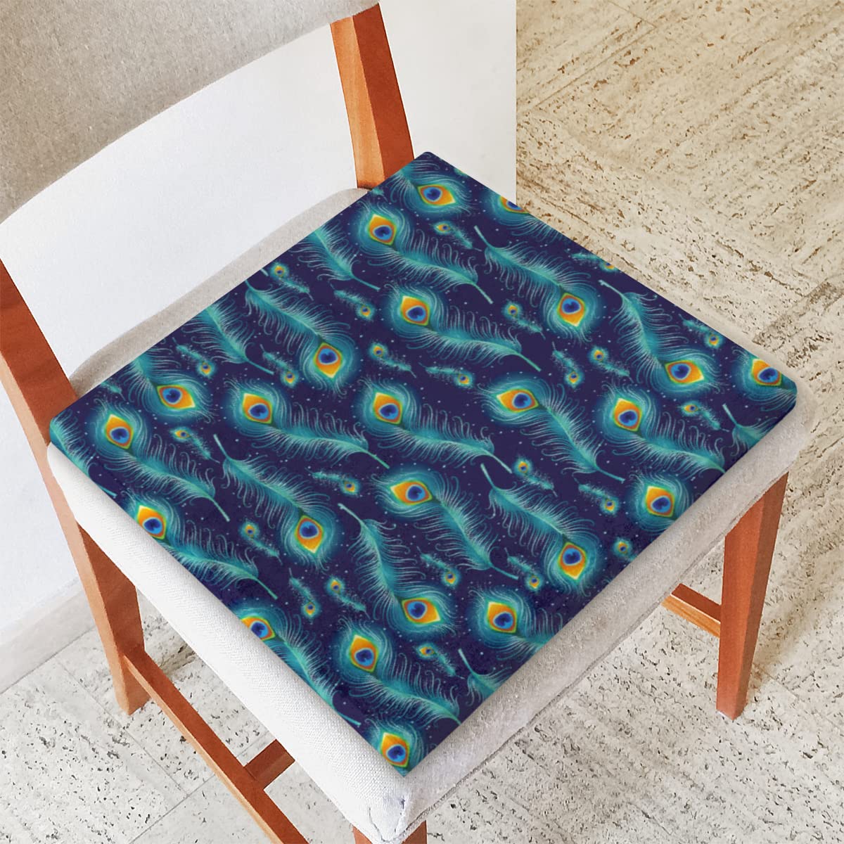 cfpolarEthnic Peacock Feather Seat Cushion Memory Foam Chair Cushion Soft Washable Comfortable Chair Pad Squared Seat Cushion with Zipper for Kitchen Office Sofa Home Chair