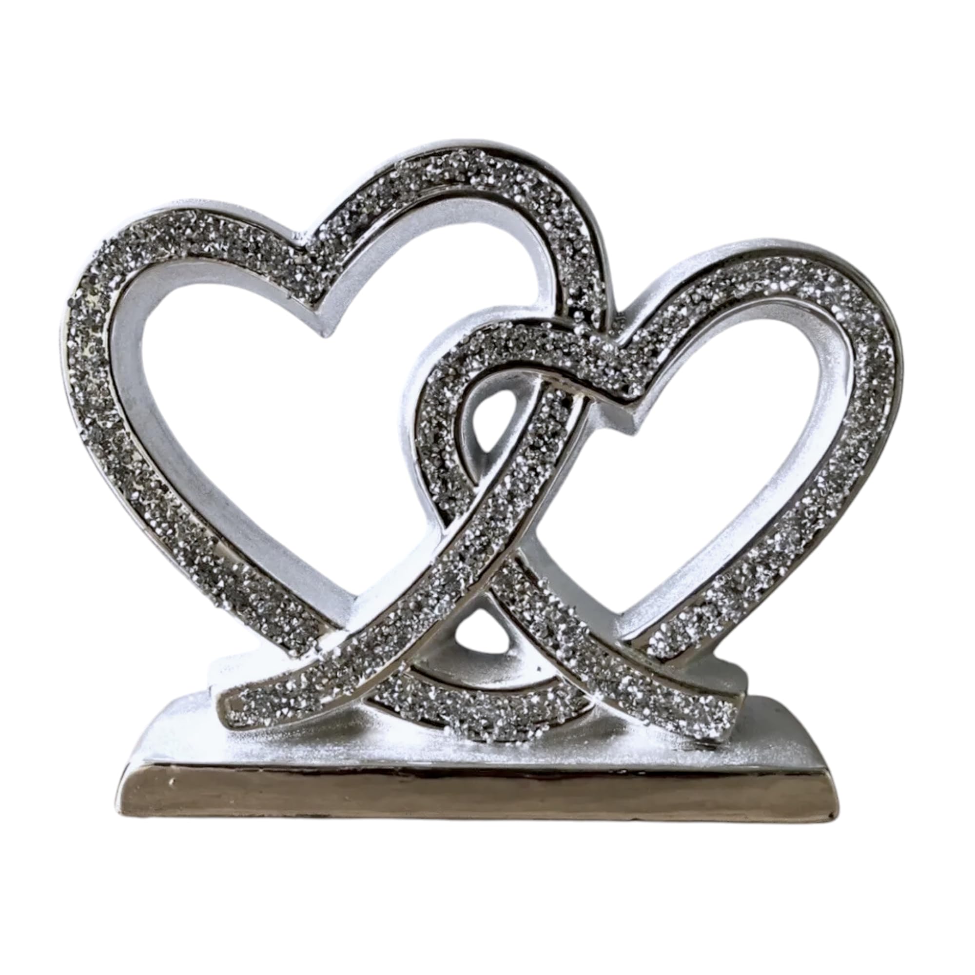 SHABJY Crushed Diamond Silver Double Heart Love Ornament – 25cm Sparkly Bling Decorative Showpiece with Square Base | Romantic Home Decor Gift for Wedding, Anniversary, Valentine