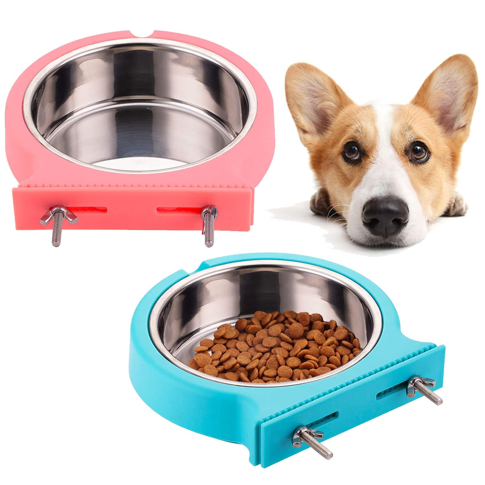 kathson 2 Pack Crate Dog Bowl Removable Stainless Steel Water Food Bowl Hanging Pet Cage Coop Cup for Rabbit Cat Puppy Bird Bunny Small Animals