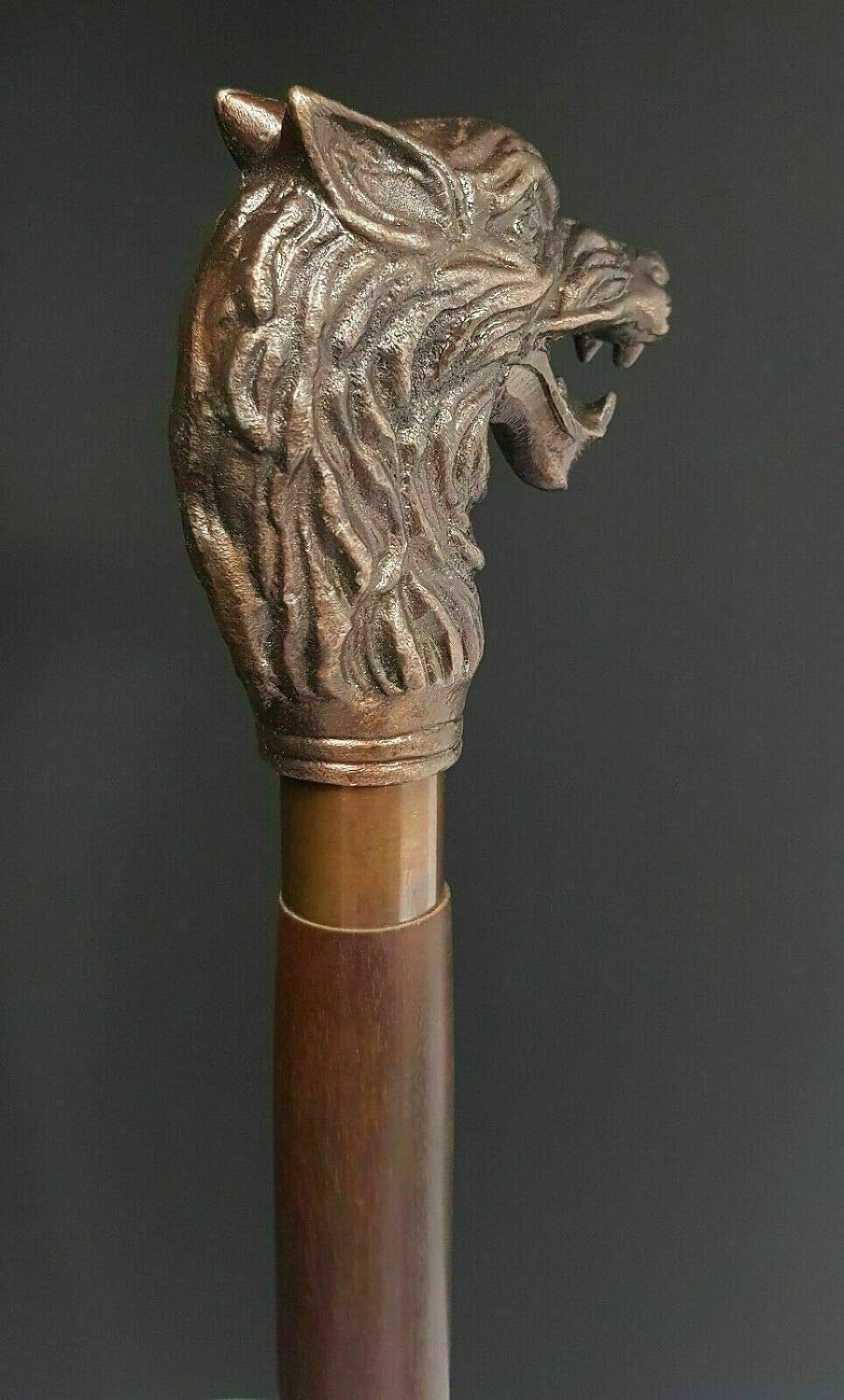 Waziha Noutical Handmade Walking Stick Wolf Head Copper Antique Metal Handle Wooden Vintage Cane, Brown, 36 inch - Image 2