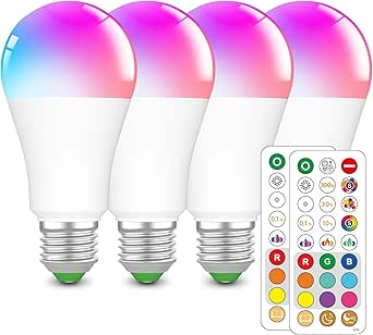 HYDONG LED Color Changing Light Bulb with Remote Control,RGB+1800K Warm Light Bulbs for Sleep,Blue Light Blocking,for Home Decoration,Bedroom,Livingroom 4 Pack