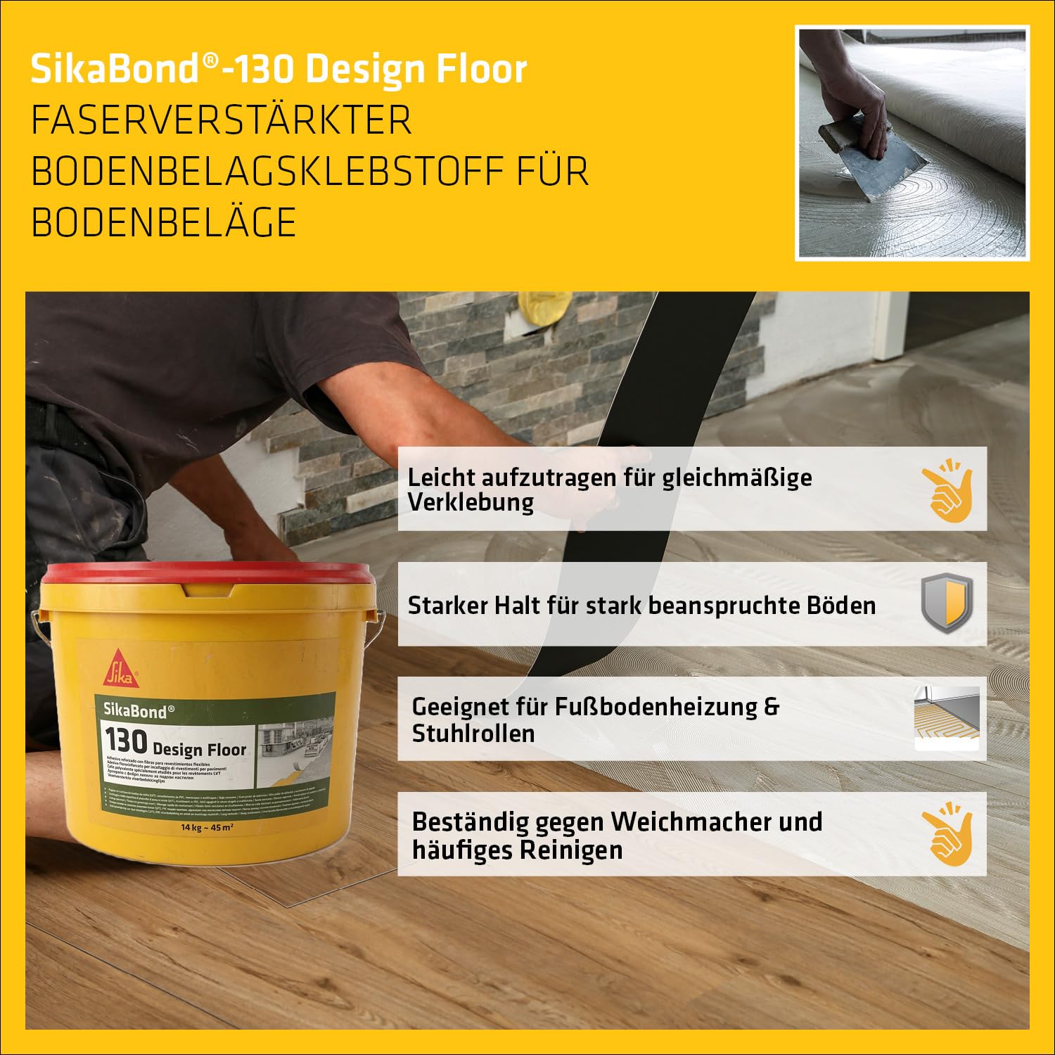 Sika – Bodenbelagsklebstoff – SikaBond 130 Design Floor - Hellbeige – Zur Verklebung von Bodenbelägen (Vinyl-, PVC-, Textil-Beläge) – 14 kg