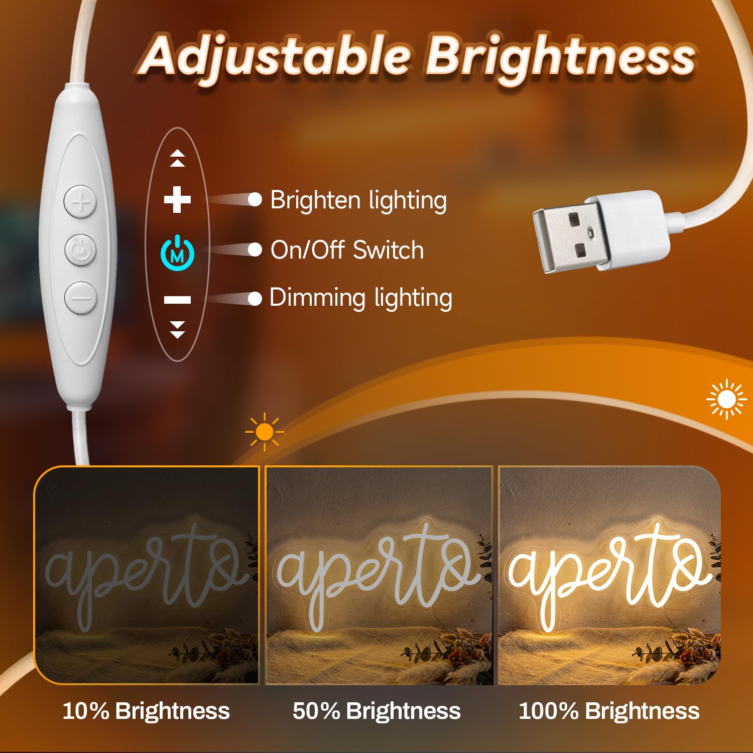 Insegna Luminosa Aperto,Insegna al neon Open per porta finestra, USB Insegna a LED aperta dimmerabile per negozi, luce al neon per bar, ristorante, supermercato, bar, hotel, Salone