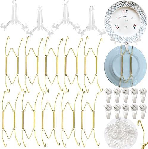 Daily Treasures 10 ganchos para platos, ganchos de pared de 6 pulgadas con 40 protectores de punta, 10 ganchos de pared y 4 soportes de caballete de