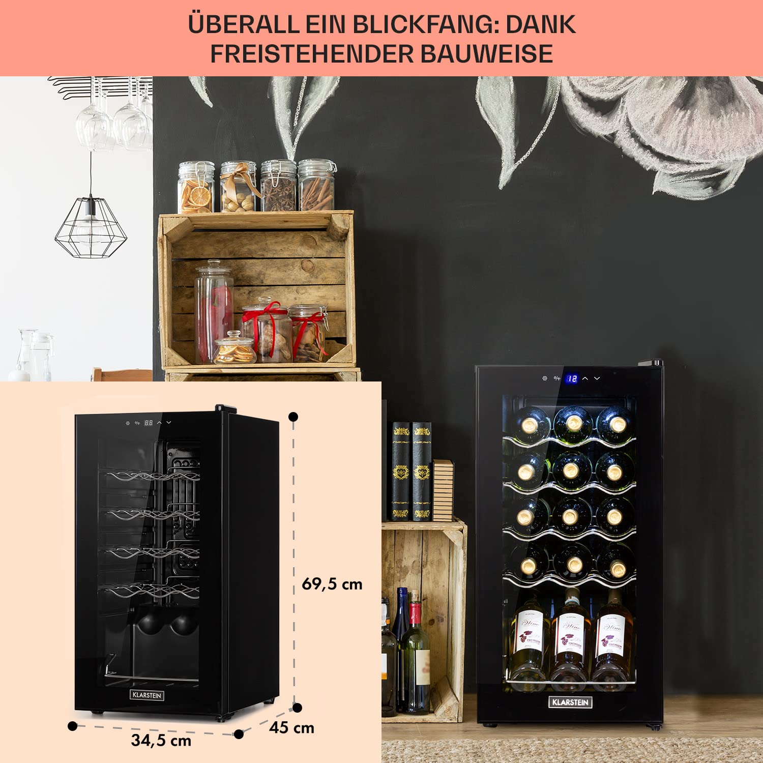 Klarstein Shiraz Weinkühlschrank 15 Flaschen 44 L 1 Zone Getränkekühlschrank Glastür freistehend LED Edelstahlrahmen