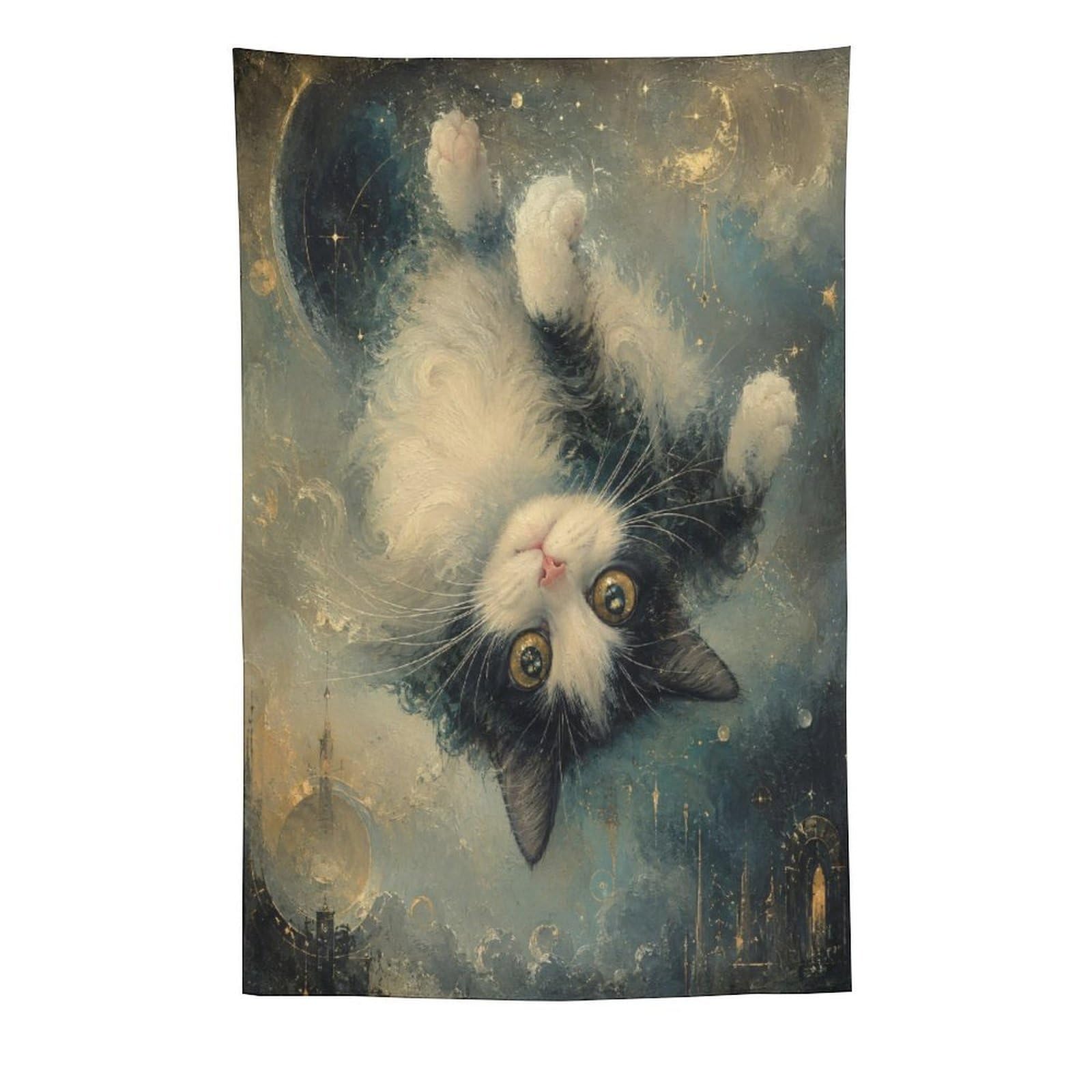 H3B8U2Y5 Upside Down Cat Moonlit Wall Tapestry, Oil Painting, College Dorm