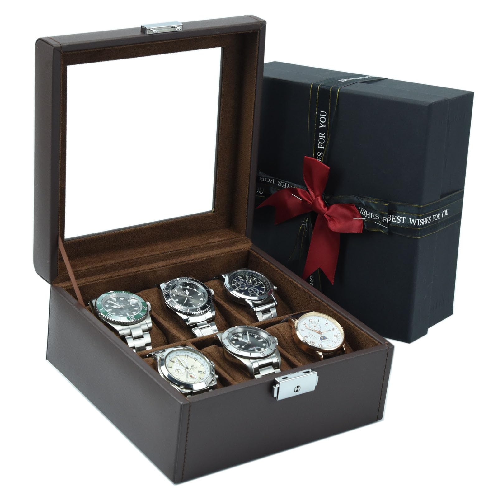Watch Box Organizer for Men – Watch case 6 Slot Leather Storage holder, Mens Watch Jewelry Case with Display Lid Durable Watch Organizer and Collection Travel Box(Brown)