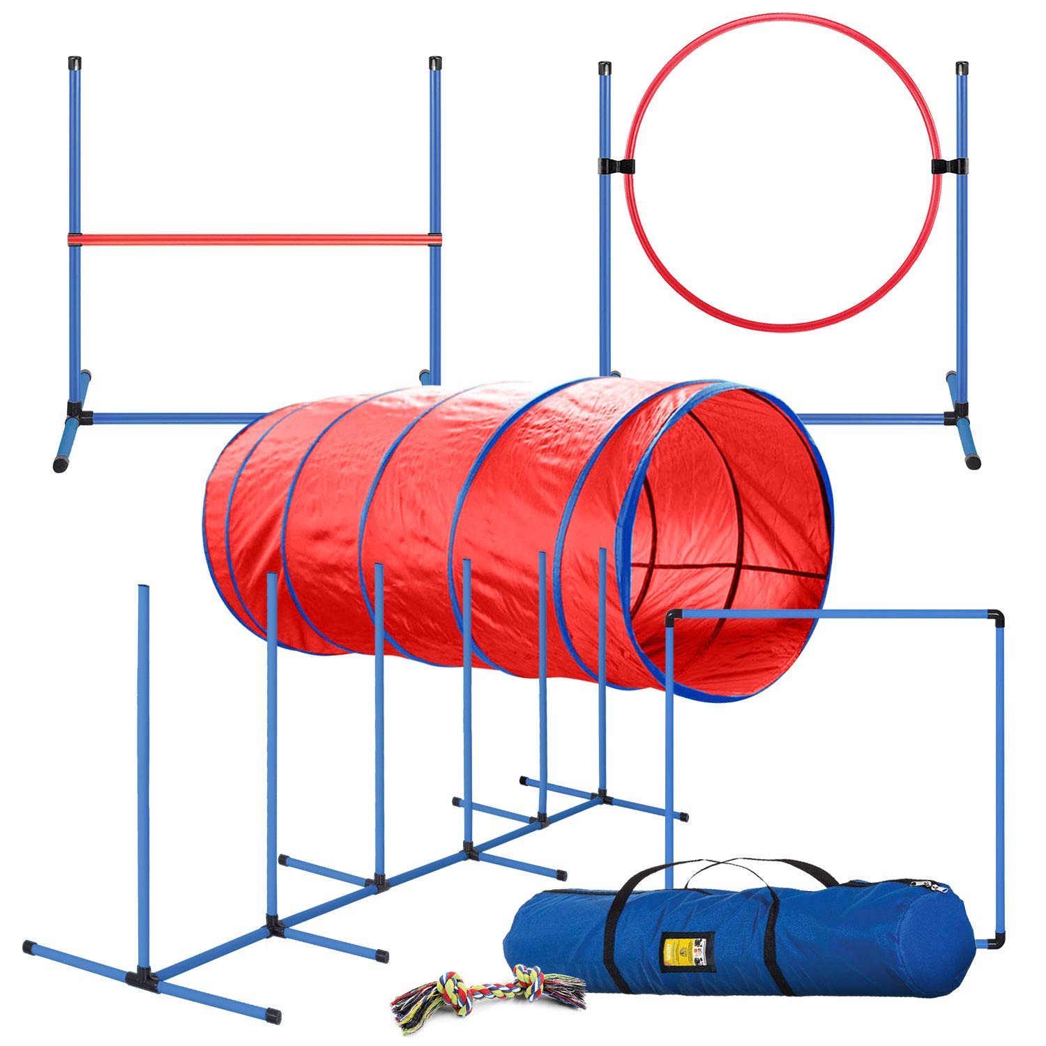 CHEEERING PET Premium Agility Set, 5-Piece Dog Training Kit - Tunnel, Jump, Hoop, Weave Poles, Easy-Carry Case for Indoor/Outdoor Use