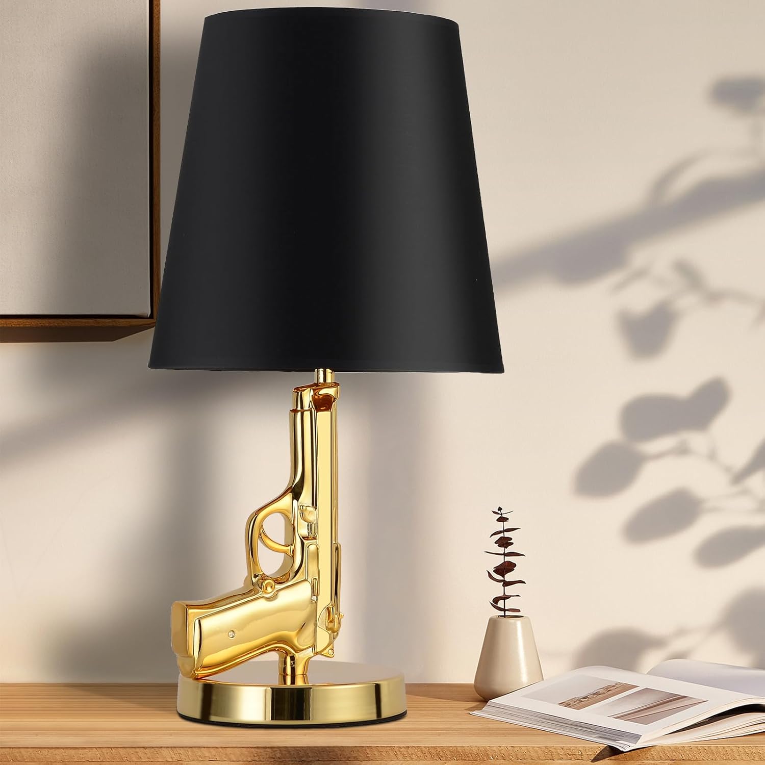 Modern Gun Table Lamp,Desk Lamp,Electroplated Handgun Body with Fabric Shade,Rustic Pistol Tabletop Lamp-Country Farmhouse Man Cave Decor,Home Decor(Gold, Handgun)