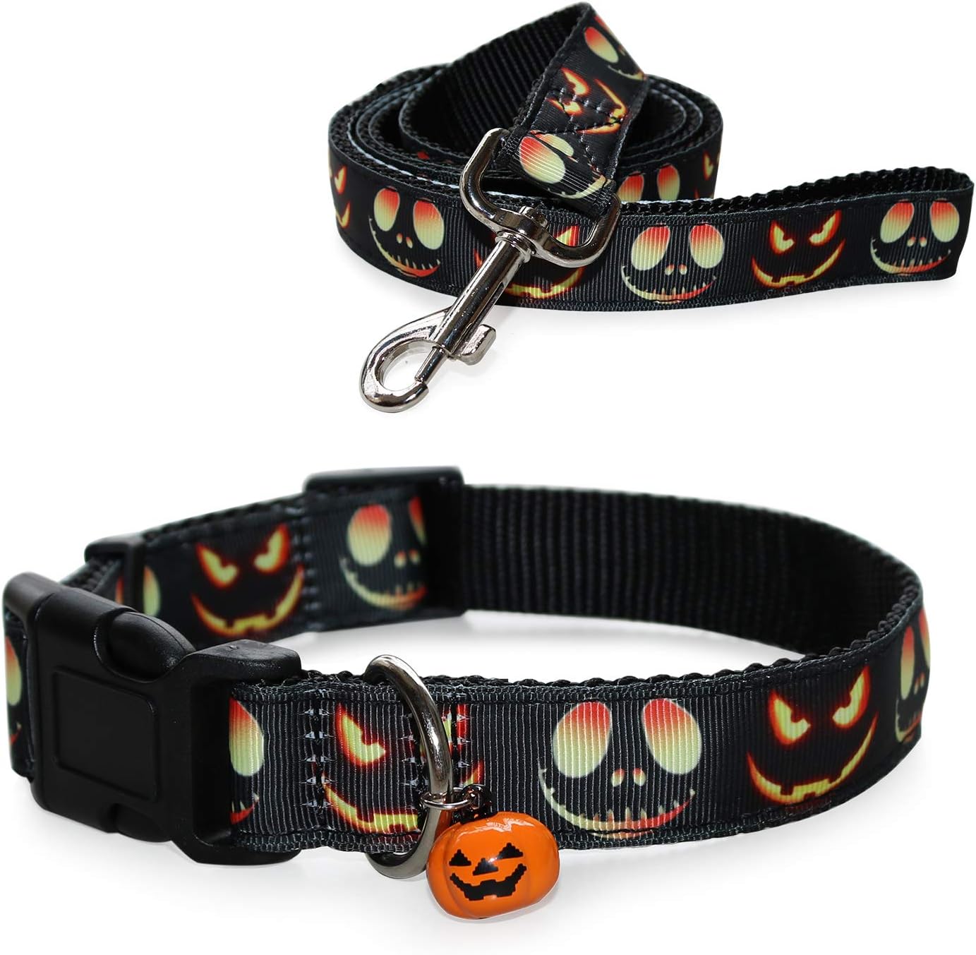 RYPET Halloween Dog Collar and Leash - Pumpkin Dog Collar with Cute Bell, Medium, Neck 12"-18.5", Adjustable Collars for Dogs