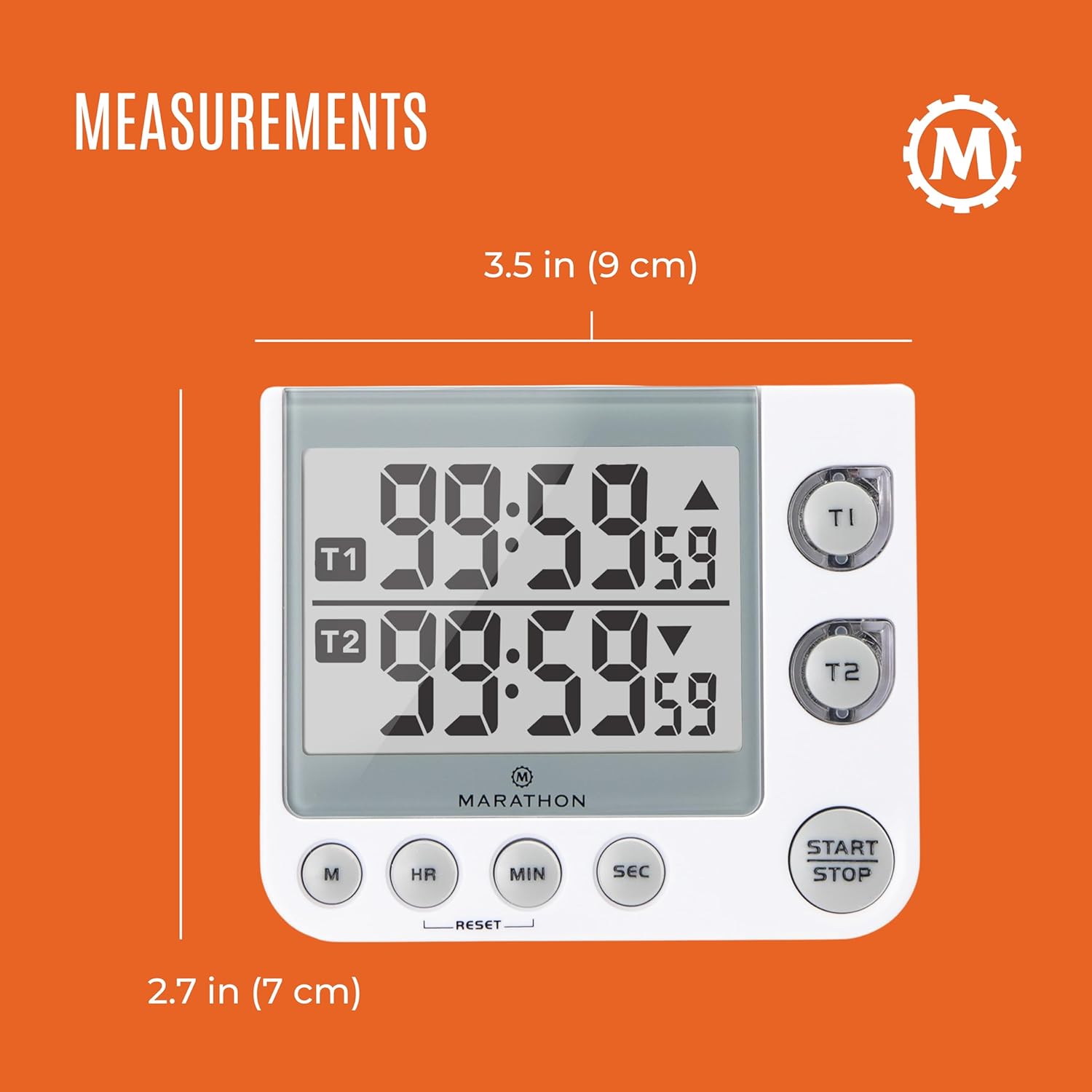 Marathon Dual Digital Timer with measurements showing 3.5 inches (9 cm) width and 2.7 inches (7 cm) height.