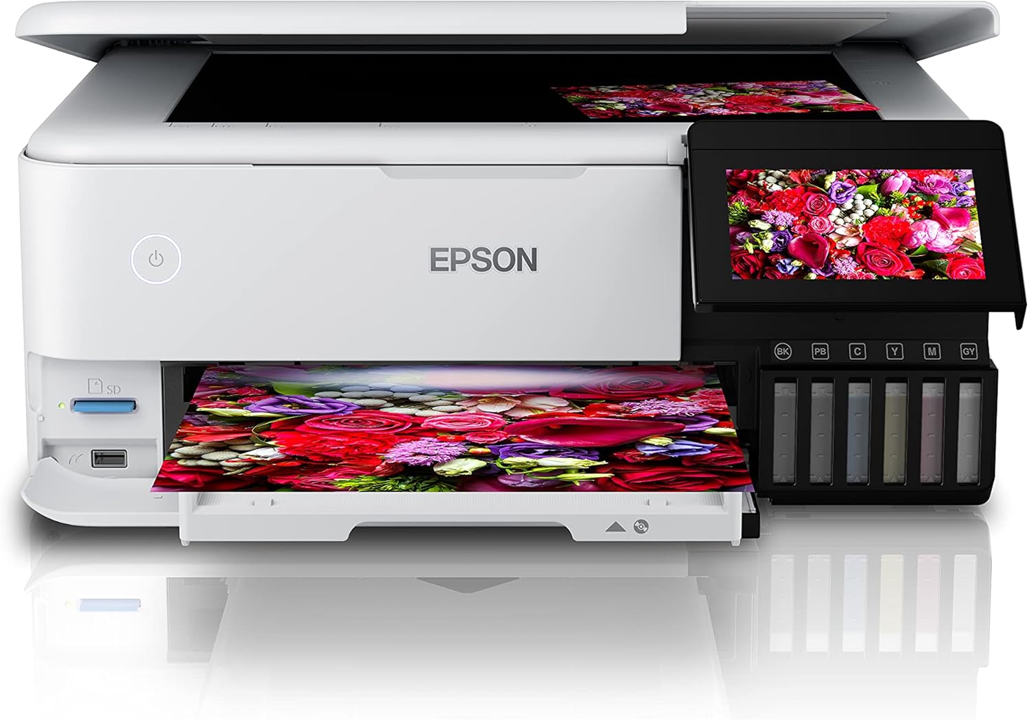 Close-up of the Epson EcoTank L8160 printer showing the open ink tank compartment with ink bottles being inserted, and the touchscreen display.
