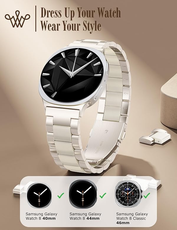 Wearlizer Stainless Steel Bands Compatible with Samsung Galaxy Watch 8 Band 40mm 44mm/Watch 8 Classic 46mm for Women Men, No Gap One-Click Dressy Metal Fashion Rose Gold Bracelet with Resin Inlay by Wearlizer - Used condition - Image 2