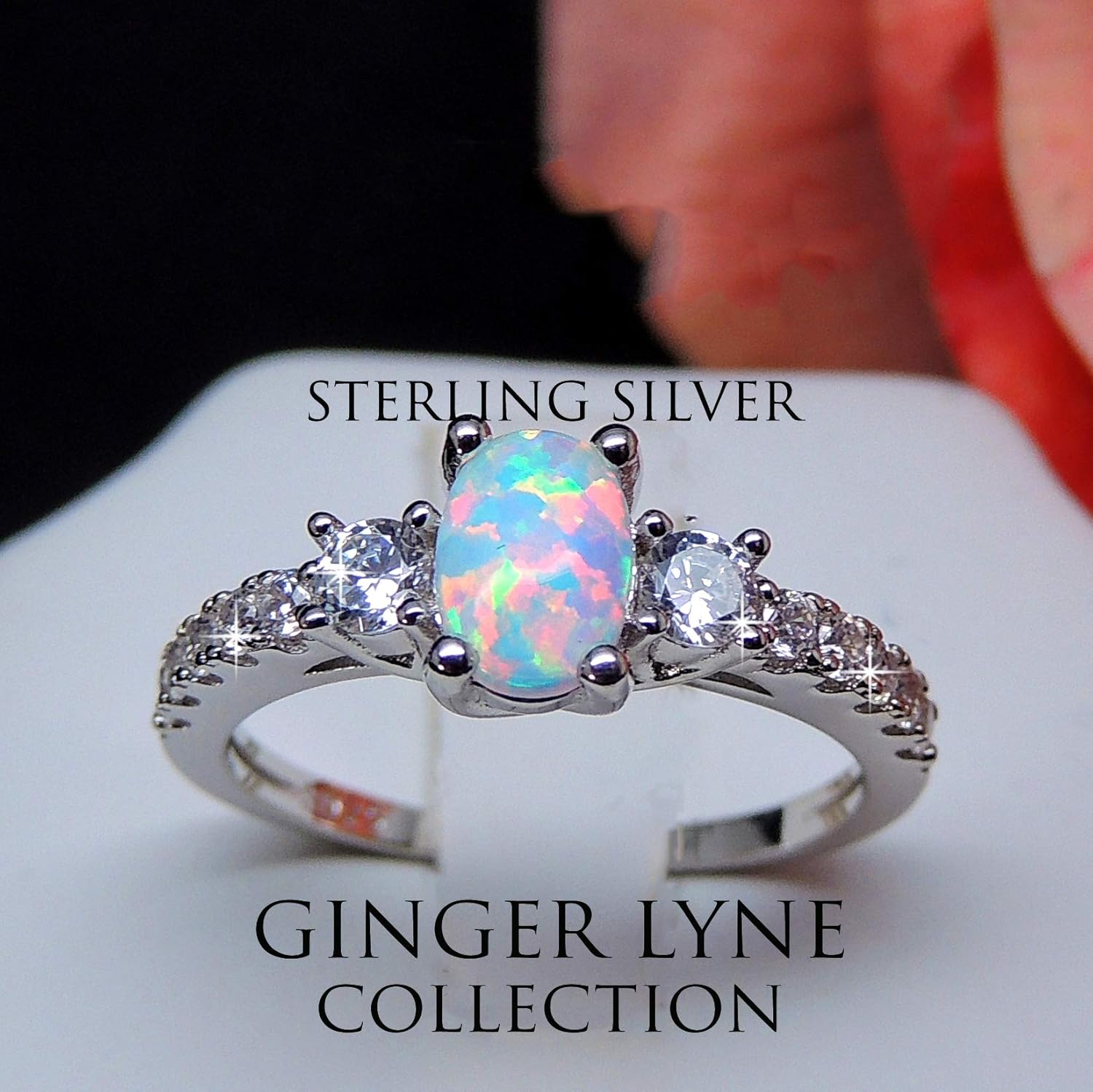Emily Oval Engagement Ring for Women by Ginger Lyne | Statement Birthstone Ring for Her Simulated White Opal Sterling Silver Cubic Zirconia Accents October Birth Month Jewelry