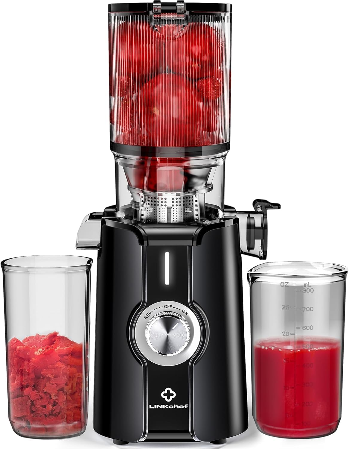 Rush Clear Slow Masticating Juicer Machines, Cold Press Juicer with No-Prep 4.35" Feed Chute Fit Whole Fruits & Vegetables Juicer Machine Easy to Clean, LINKChef 42oz Capacity, 200w, Black