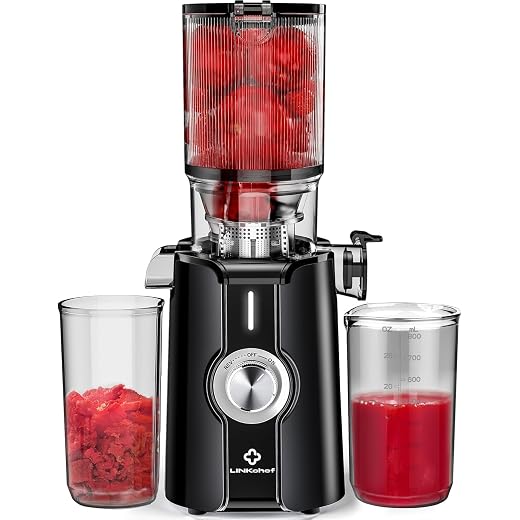 Rush Clear Slow Masticating Juicer Machines, Cold Press Juicer with No-Prep 4.35" Feed Chute Fit Whole Fruits & Vegetables Juicer Machine Easy to Clean, LINKChef 42oz Capacity, 200w, Blackout