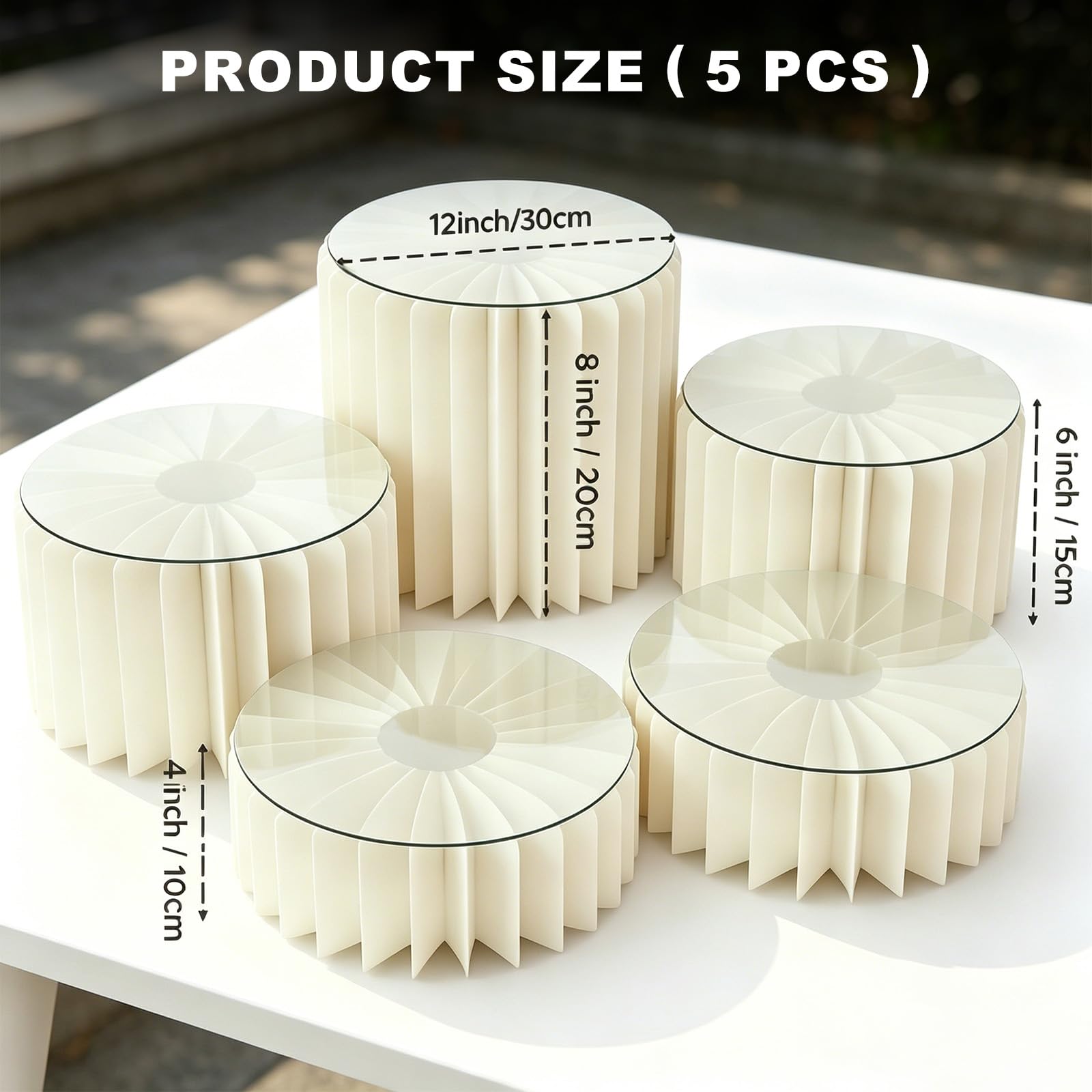 FARYODI Lot de 5 supports à dessert pliables, rehausseurs de buffet à plusieurs niveaux en acrylique et carton, empilables jusqu'à 70 cm, supports à gâteaux réutilisables pour mariage, anniversaire