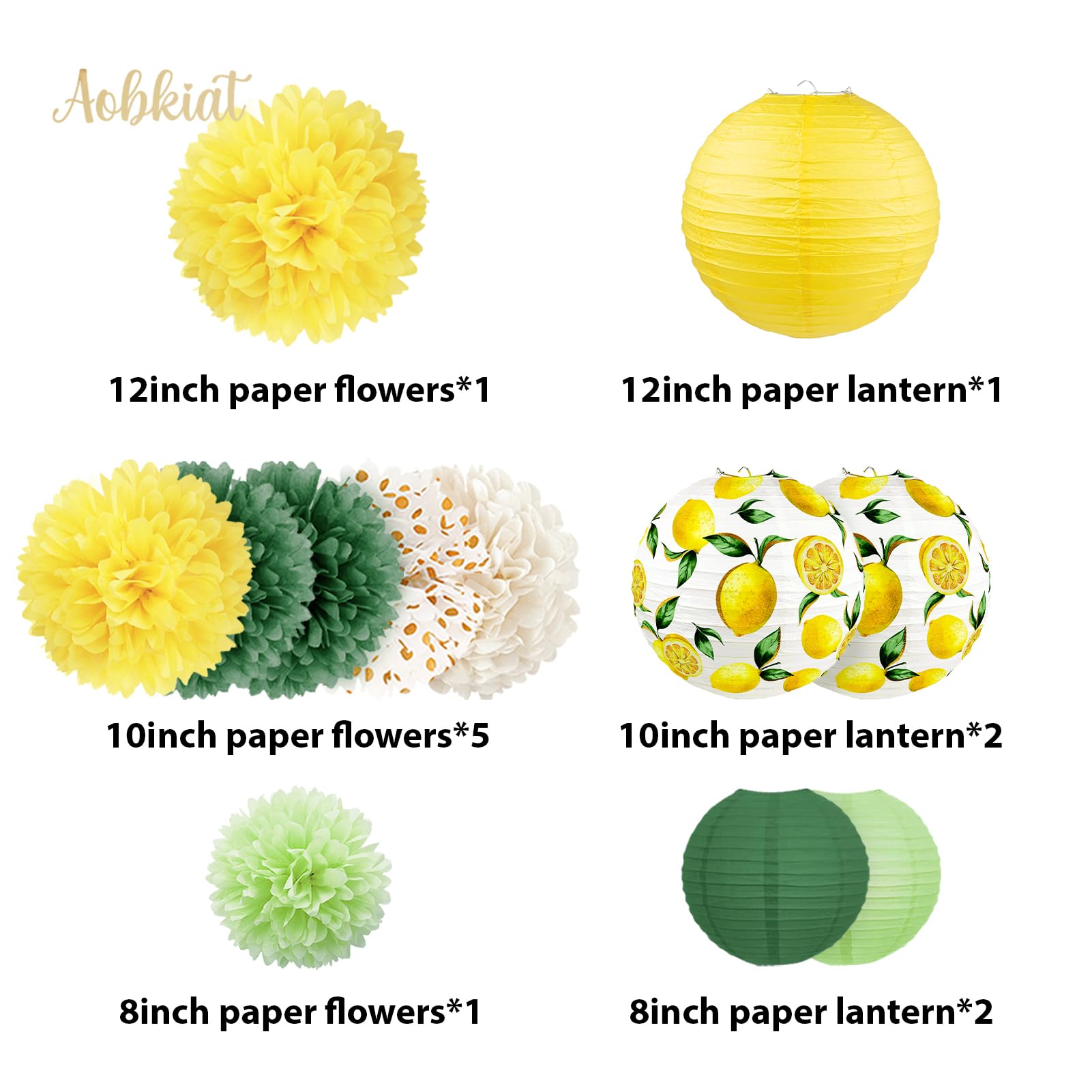 AOBKIAT Lemon Party Decorations Set,12 PCS Yellow Green Lemon Pattern Paper Lanterns and Pom Poms Flowers for Neutral Baby Shower,Bridal Shower,Brithday,Summer Wedding,Garden Party