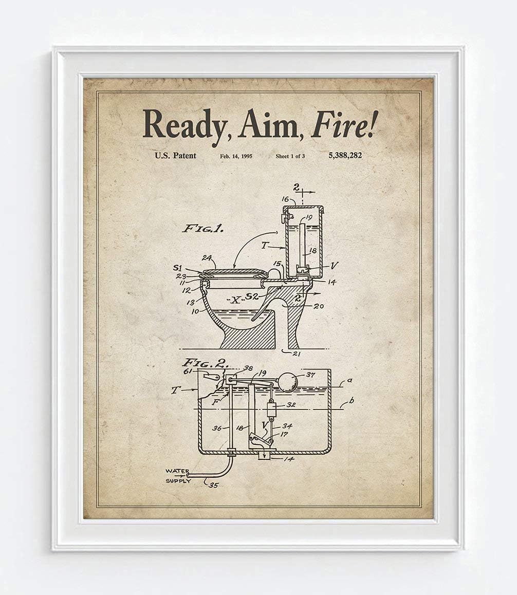 Bathroom Patent Wall Art Prints with Slogans, Set of 4, Unframed, Vintage Toilet Photos, Wall Art Decor Poster Sign, 8x10 Inches