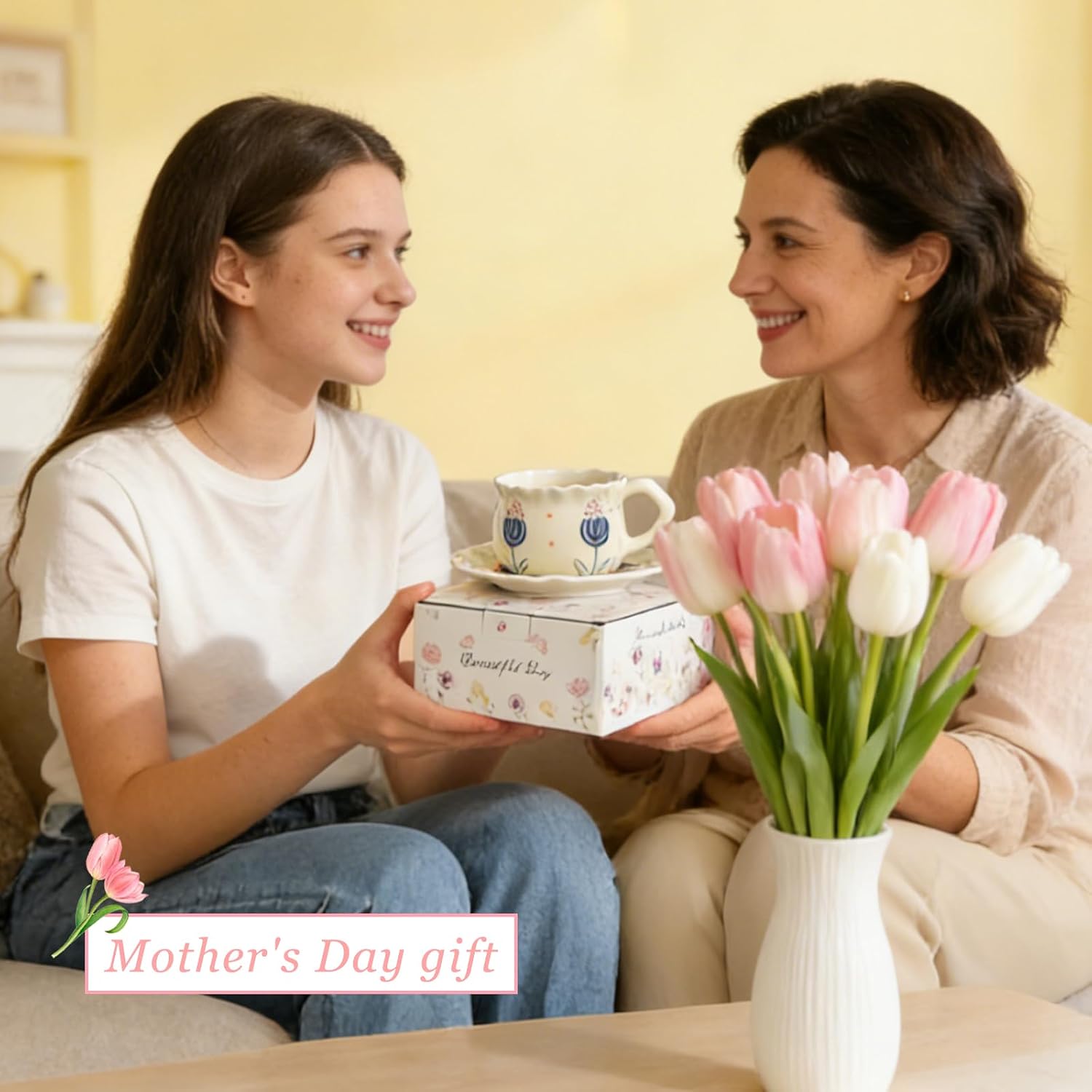 Coffee Mugs Set with Saucer Tulip Ceramic Coffee Cup and Saucer Set, 10.8oz Flowers Tea Cup Gift for Girls Women Mom, Porcelain Fancy Teaware for Valentine's Day, Mother's Day (Tulip)