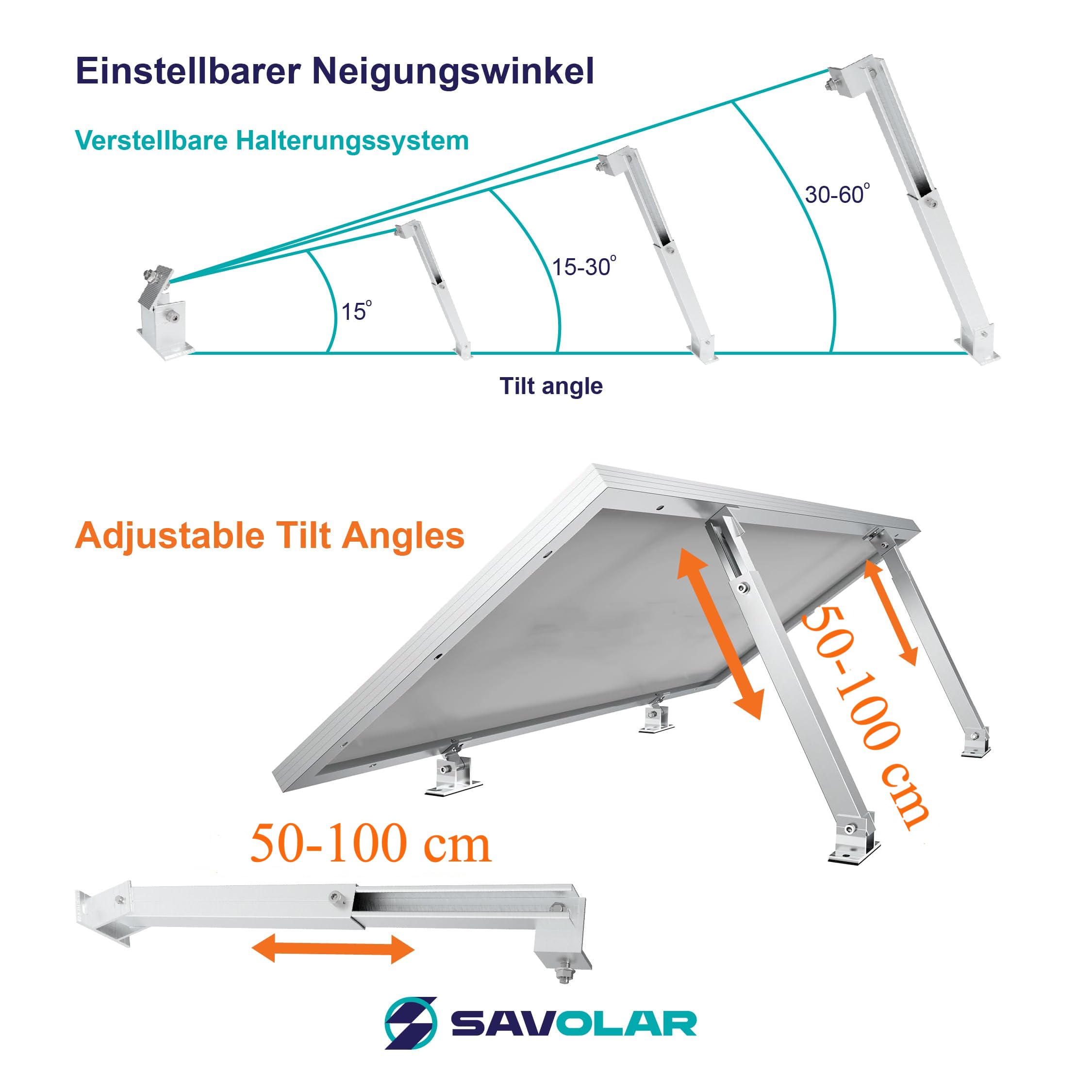 2 Sets SAVOLAR Solarmodul Halterung Balkonkraftwerk Flachdach (15-60°) Winkel Einstellbar, 50-100cm Verstellbar, Balkonkraftwerk Halterung Flachdach Ziegeldach und Wand, Solarpanel Halterung flachdach