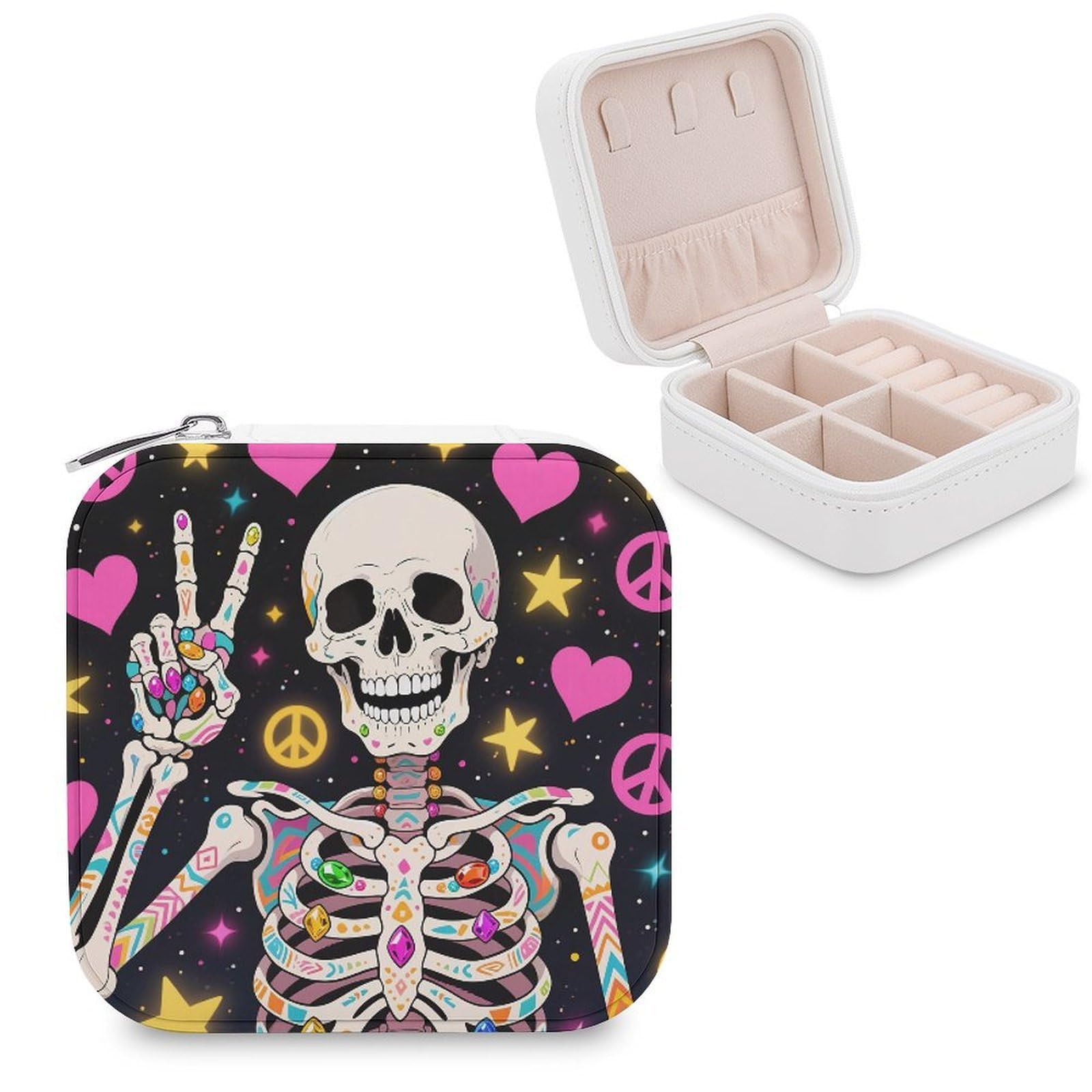 VstaDank Hippie Skull Jewelry Box for Women Jewelry Organizer Storage Case with Zipper Mini Travel Jewelry Case Cute Trinket Organizer Leather Portable Jewelry Storage Box